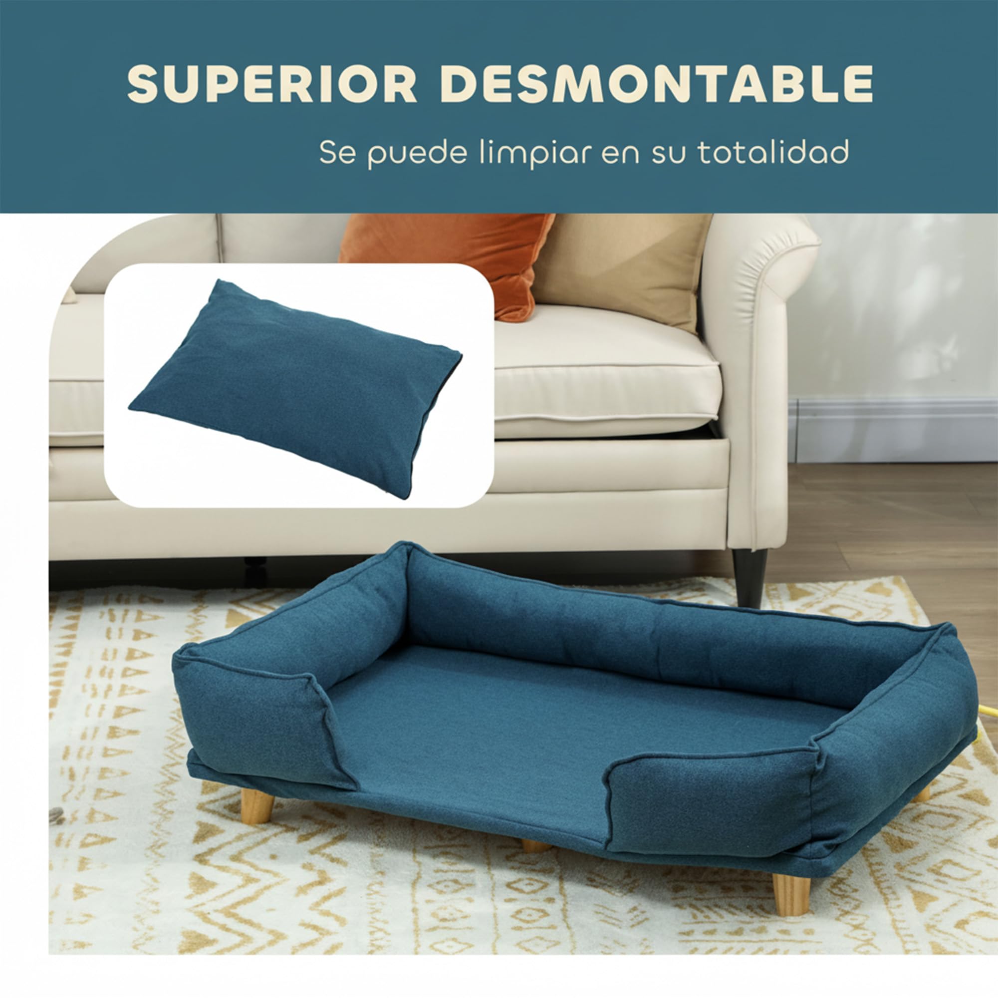 PawHut Cama Elevada para Perros Grandes 96x66x24 cm Cojín Lavable Patas de Madera 30 kg Azul