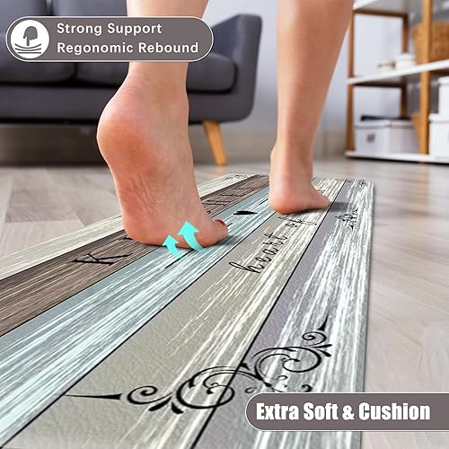 Miniatura 10 de Tapete de cocina de granja acolchado antifatiga, 2 piezas, antideslizante, impermeable, tapete de cocina para piso, tapete de madera rústica cómodo