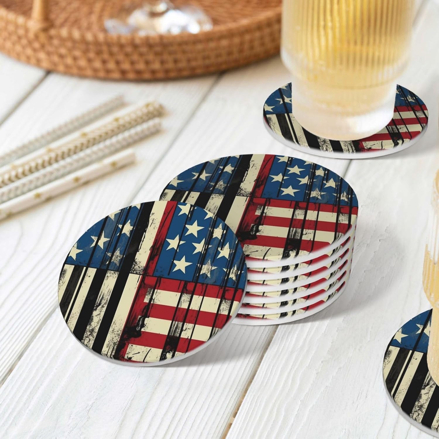 KHiry ドリンクコースター 6枚セット セラミックコースター ホルダー付き コミックスタイル フラッグ ラウンドコースター ドリ