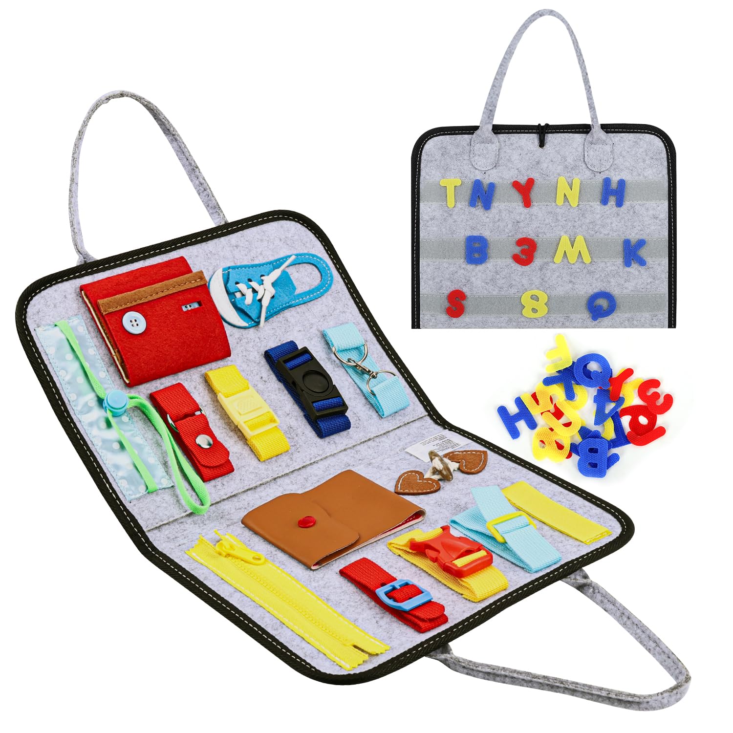 Esjay Busy Board, Sensory Board for Fine Motor Skill, Montessori Toys Activities for 3+ Year Old, for Travel, Car, Grey Alphabet