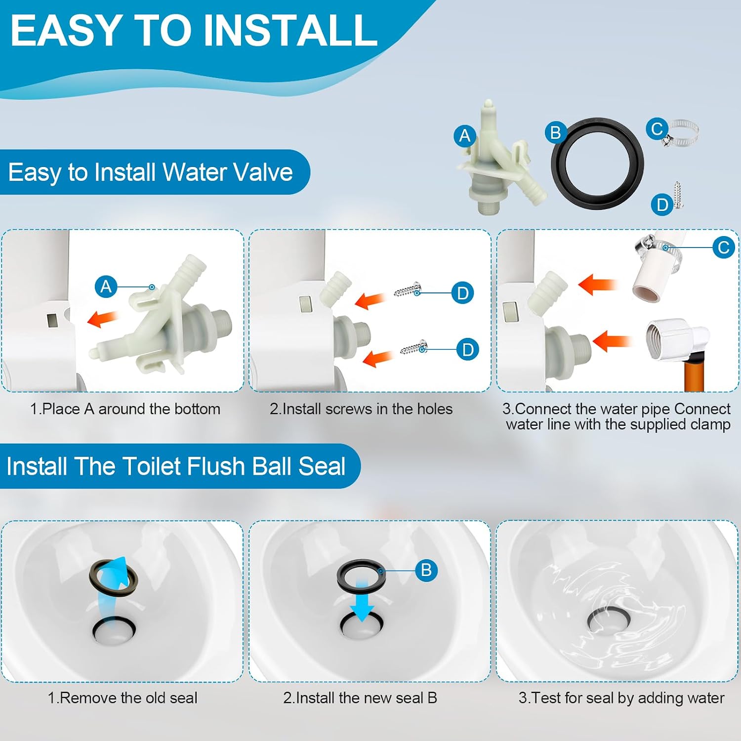 Freeze-Resistant RV Toilet Water Valve Replacement Kit for Dometic 300 301 310 311 320 321-385311641 & 385311658 Toilet Flush Valve & Seal Repair Set for Camper Pedal Flush Toilets