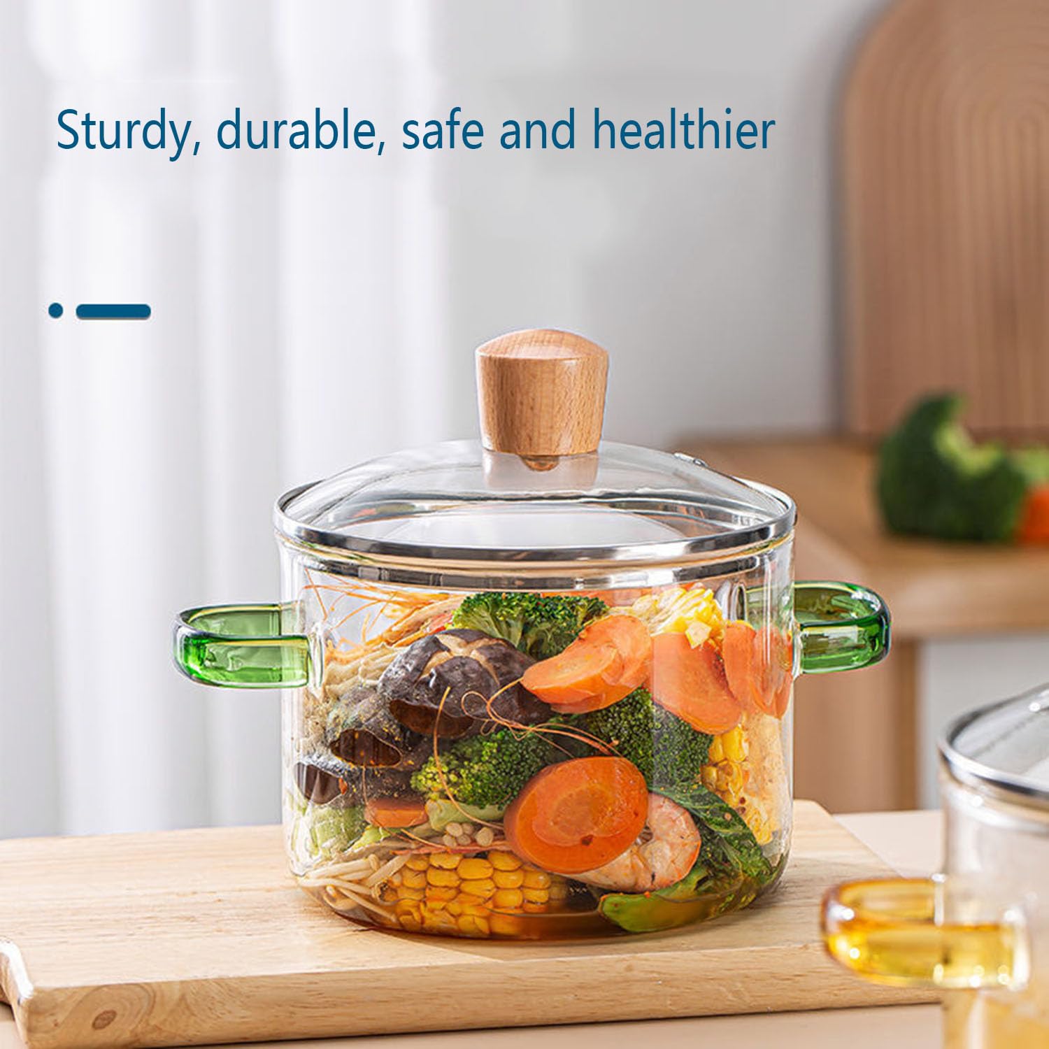 Glas-Topf, mit Deckel und Holzgriff, Glaskochgeschirr for Pasta, Nudelsuppe, Milch, Babynahrung, transparent(1600ml)