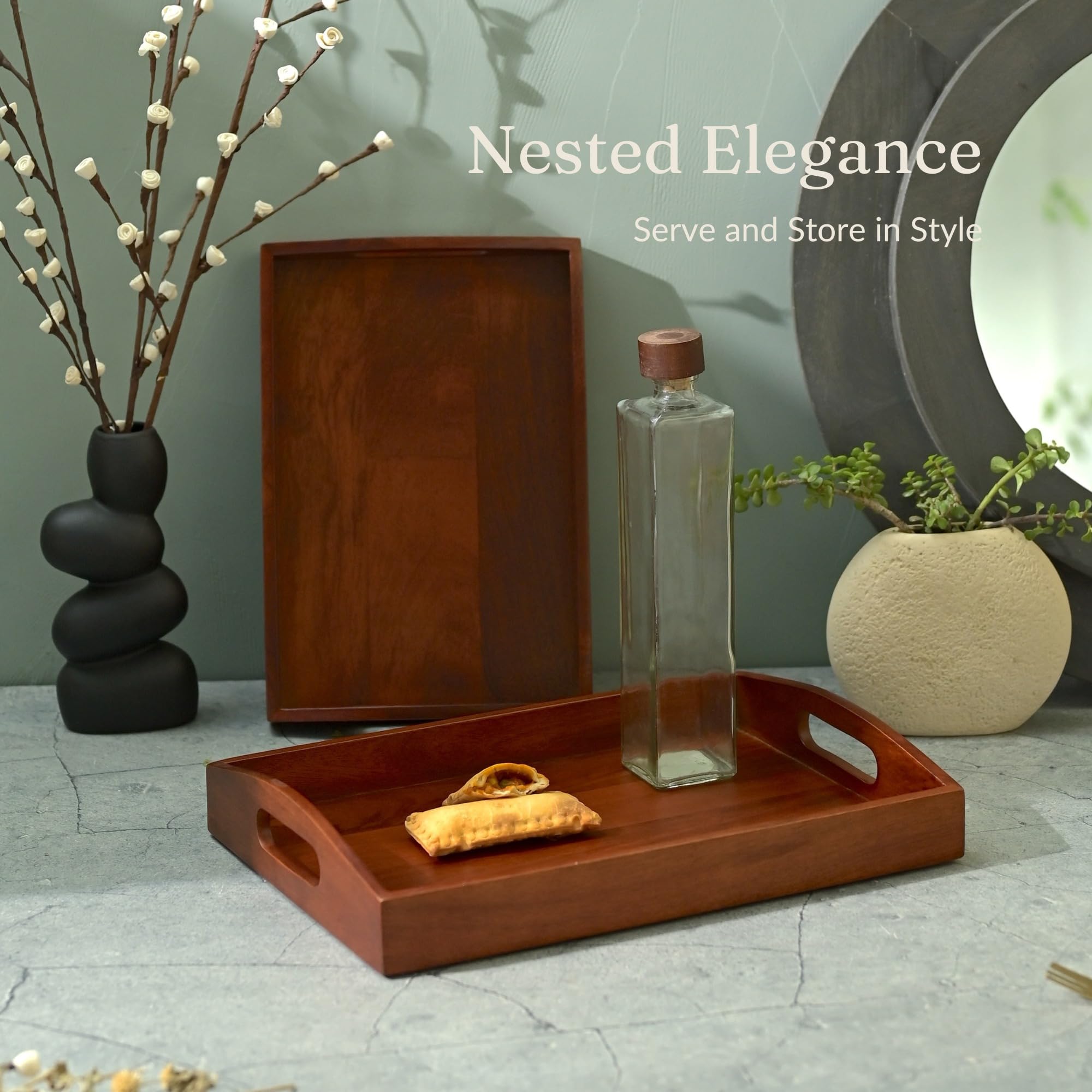 Brick Brown ® Bandeja de madera de alta calidad hecha a mano para servir | Bandeja de té para servir | Bandeja para mesa de comedor, acabado rectangular de caoba (juego de 2)