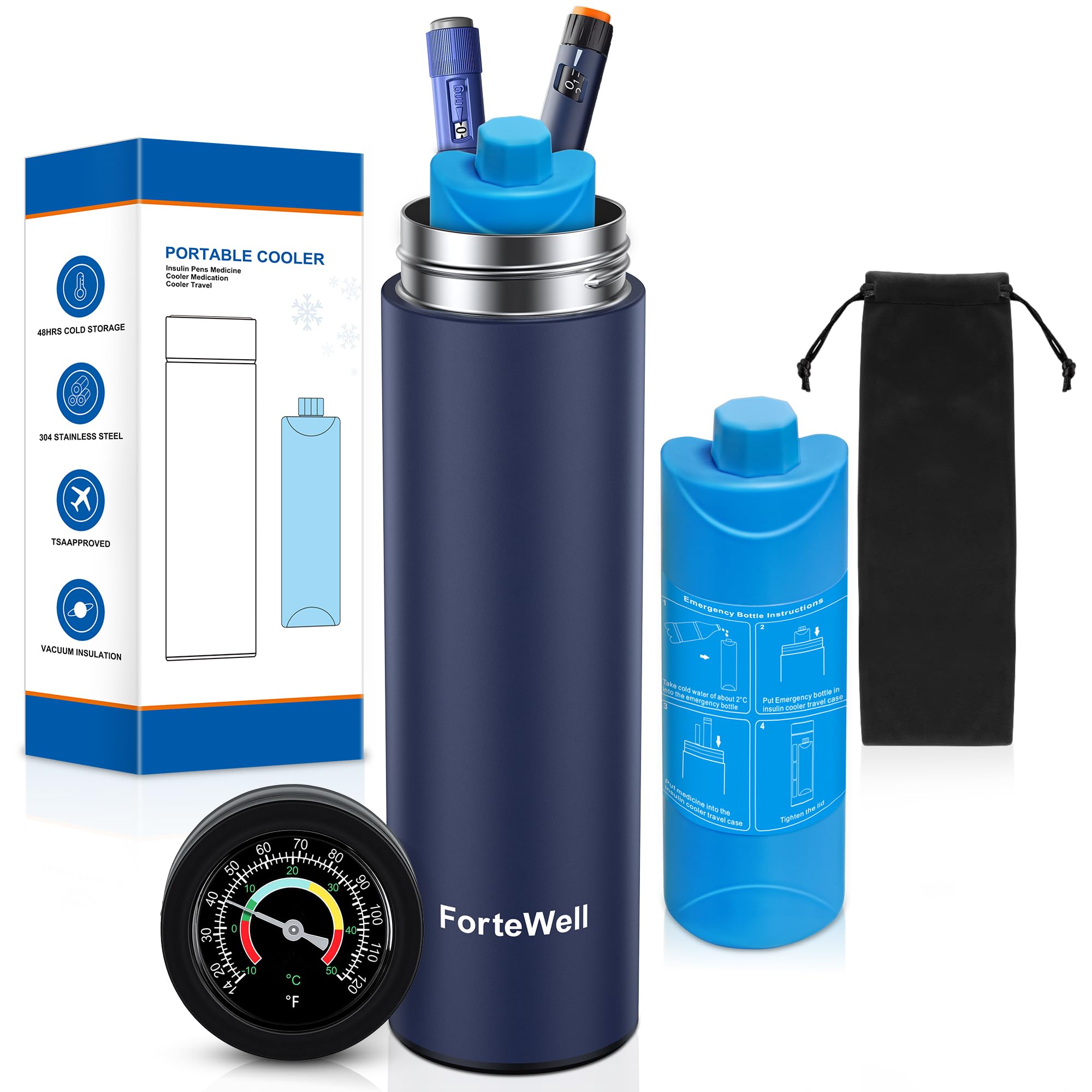 Photo 1 of ForteWell Insulin Cooler Travel Case with Temperature Indicator, 60H Medication Cooling TSA Approved, Fits 2-3 Insulin Pens & Vials, Anti-Freeze Protective Bag, Diabetes Travel Case (Navy Blue)