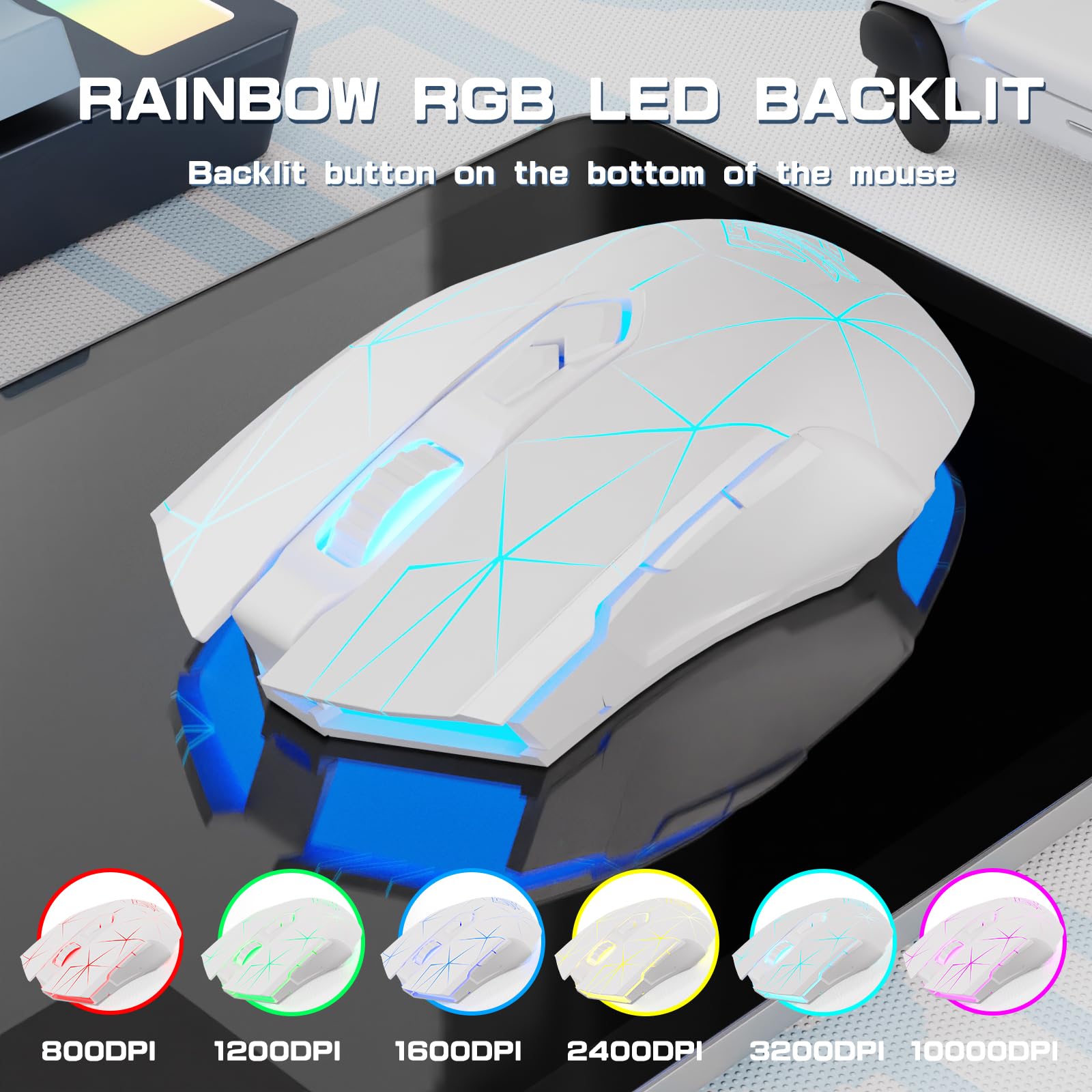 AJ52PRO Bezprzewodowa Mysz do Gier, Lekka Mysz do Gier z Tri-Mode - 2.4G/BT5.0/USB Wired, Do 10 000 DPI, Ergonomiczna PC Gaming Mice z Rainbow LED Backlight i 8 Przyciskami do Win/Mac - Gwiazda Biała