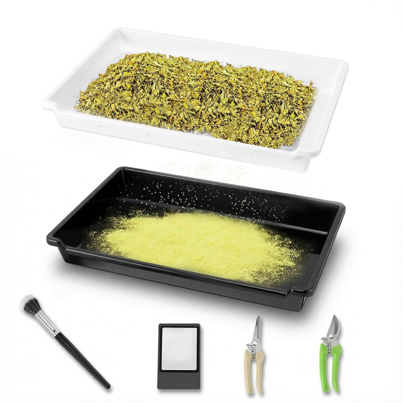 Kit Bandeja Para Recortes, Contenedor Para Bandejas Recortes Juego Tamiz Para Polen Y Hierbas Juego Tamiz Seco Para Plantas Hierbas Flores Tamiz Malla Fina 150 Micras Con 2 Tijeras Y Cepillo Lupa