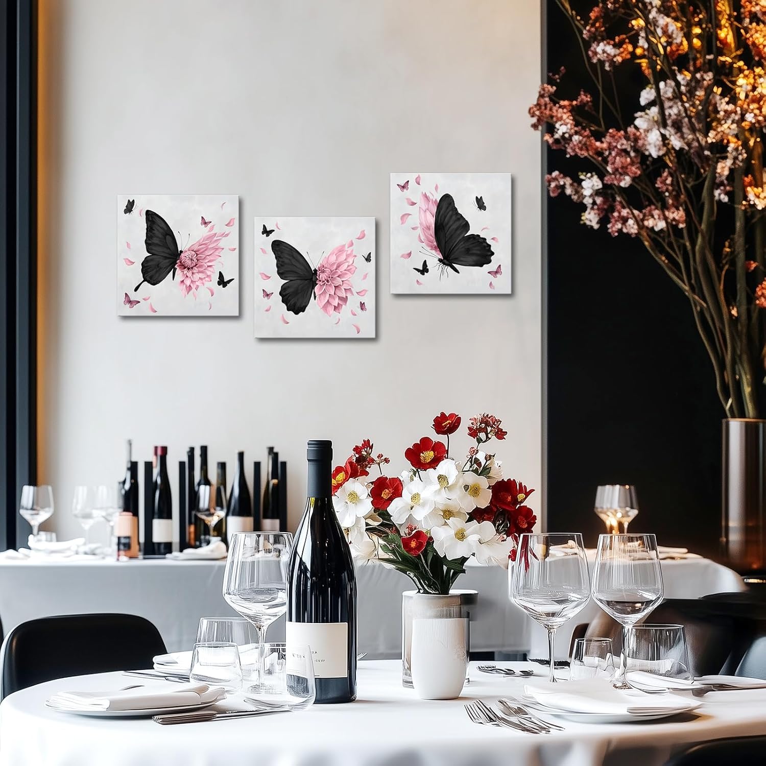 Fochorlo Black and Pink Wall Art Butterfly Wall Decor Dahlia Painting Bedroom Bathroom Decorations 12"x16"x3