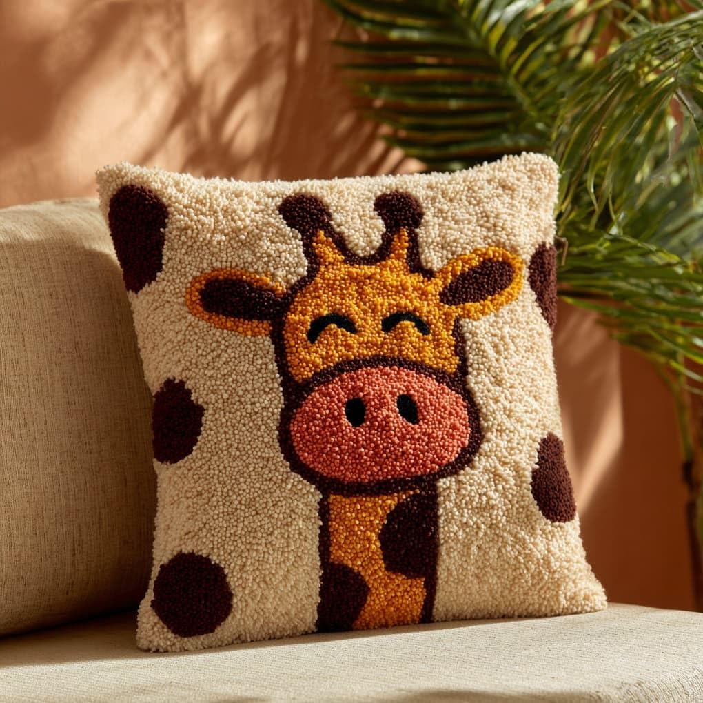 Henypt Latch Hook Pillow Craft Kit 43x43cm,Cute Giraffe 17x17 Inch,Complete Starter Kit with Tools and Yarn for Beginners & Craft Enthusiasts