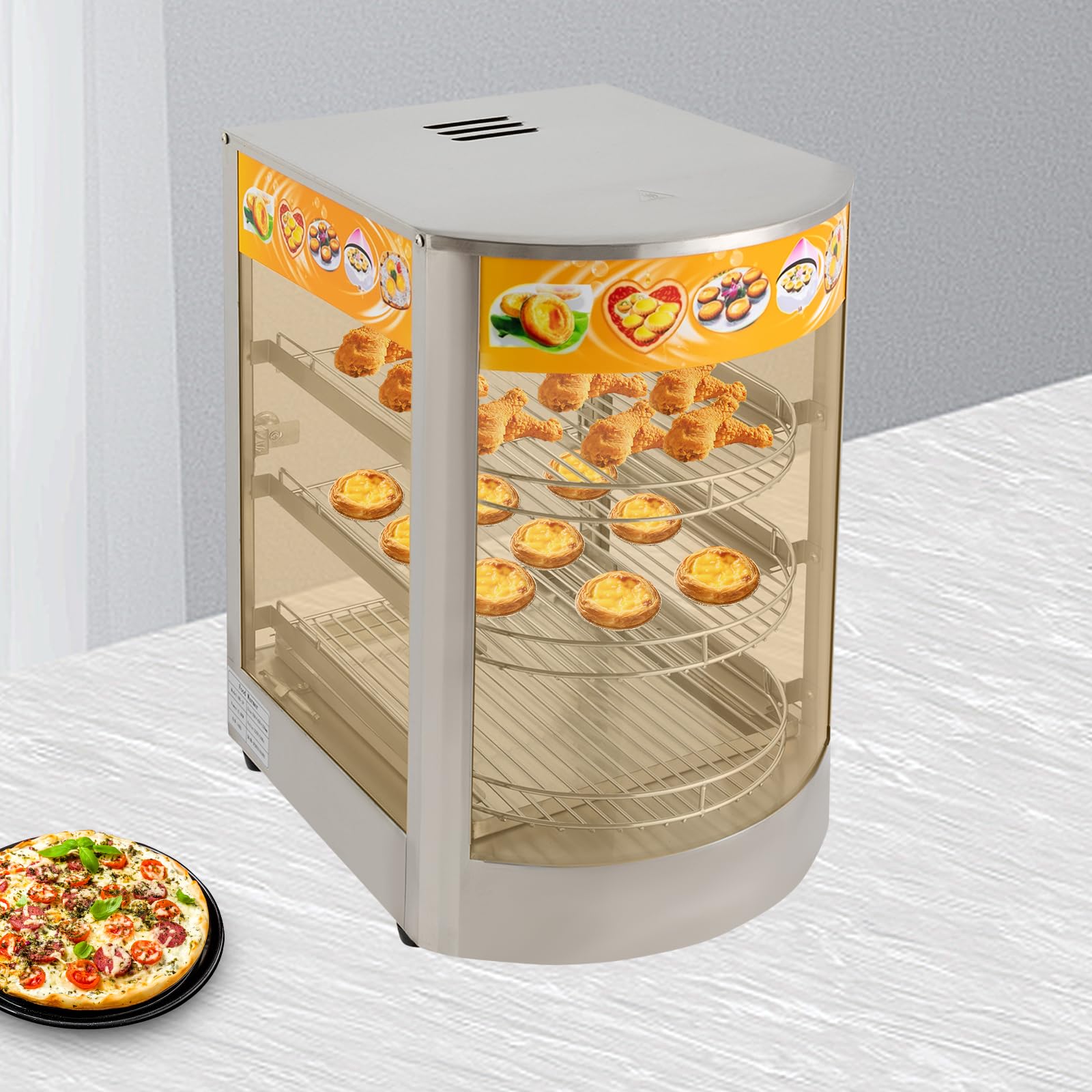 Hotetheke - Vetrina riscaldante, con 3 scaffali e vassoio in acciaio inox, per ristorazione, per hamburger/pollo, vetrina a caldo, 30 ℃ - 85 ℃