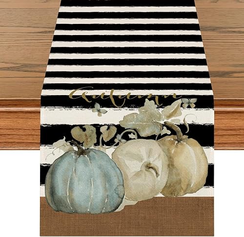 Camino de mesa de otoño de Acción de Gracias, pavo y cosecha de otoño, calabaza, lunares, vacaciones, cocina, comedor, decoración para interiores y