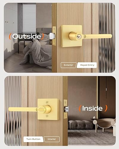 Miniatura 3 de Leydebong Paquete de 3 pomos de entrada dorados con llave igual, manija de puerta de entrada resistente, estilo contemporáneo, herrajes modernos