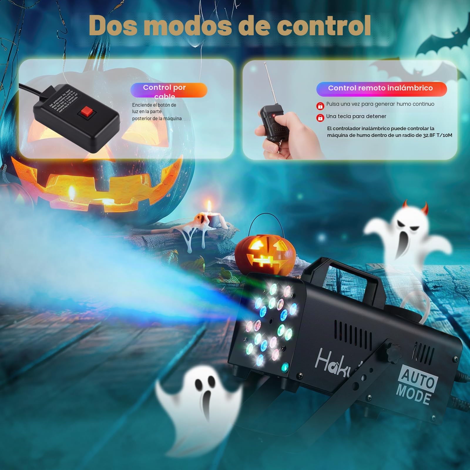 Hakuta Máquina de Humo con 18 Luces LED, Máquina de Niebla Automática para Halloween, Bodas y Fiestas DJ con Modos Carrera