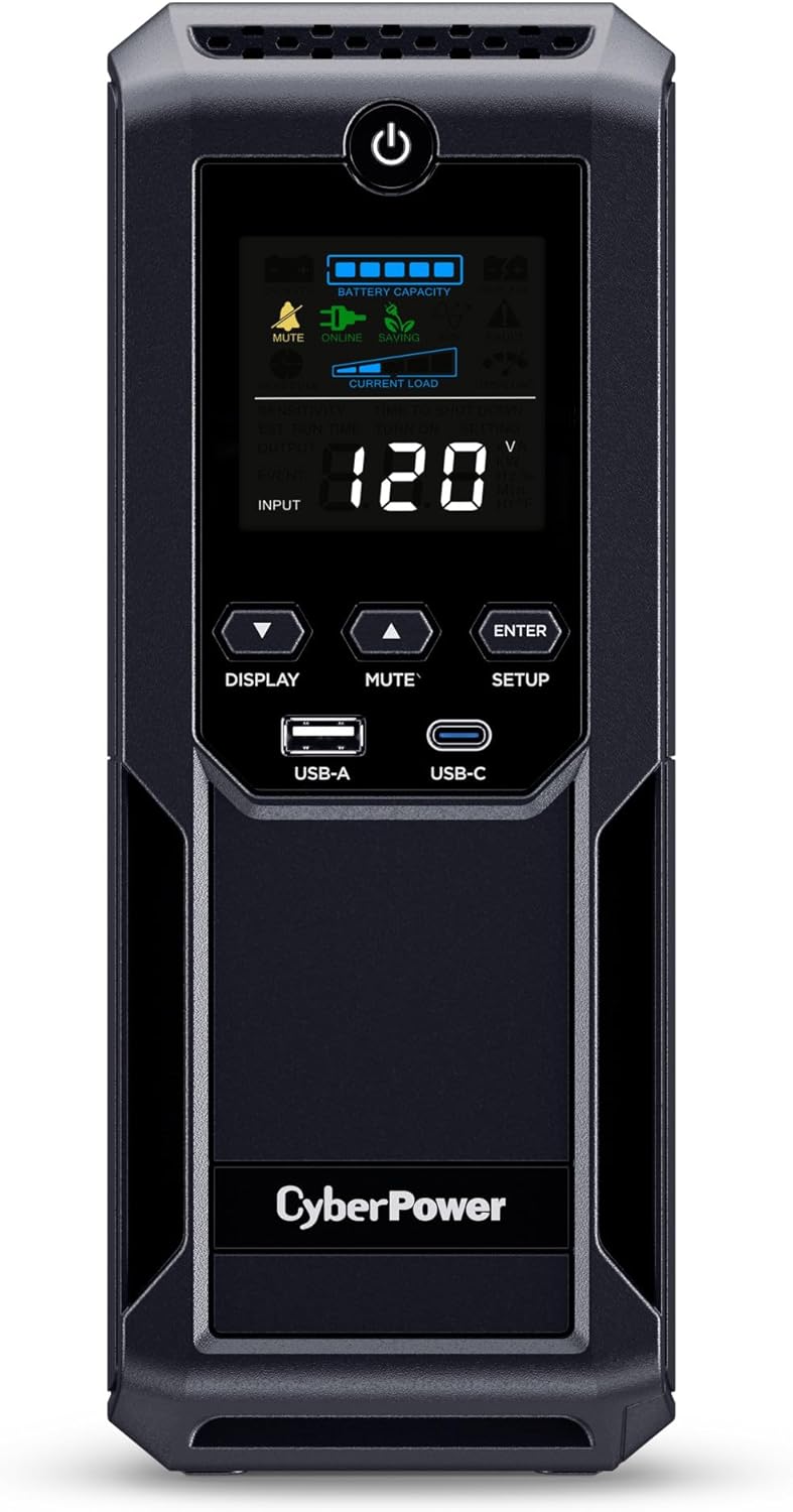 CyberPower CP1500AVRLCD3 Intelligent LCD UPS System, 1500VA/900W, 12 Outlets, 2 USB Ports, AVR, Mini Tower, Black CyberPower CP1500AVRLCD3 Intelligent LCD UPS System, 1500VA/900W, 12 Outlets, 2 USB Ports, AVR, Mini Tower, Black