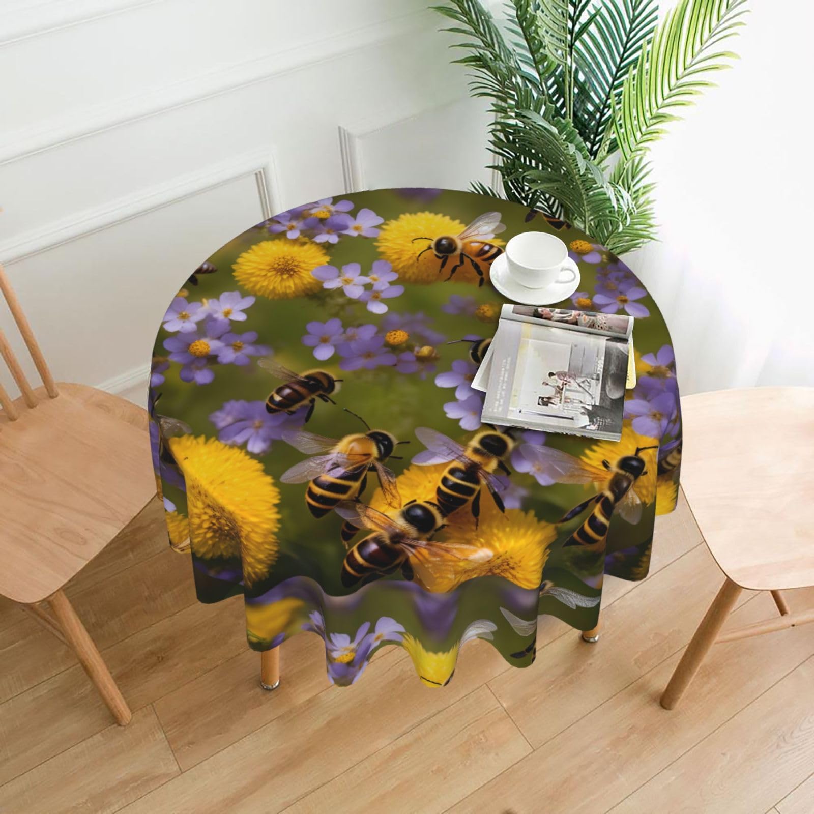 Nbtghga Rural Honey Bees Wildflowers Print Tablecloth Round Border Table Cloth Cover Decorative For Party Holiday Dinning Tabletop Home