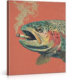 Funny Trout Fish Wall Art Print Vintage Whimsical Trout Picture Poster Artwork Funny Wall Decor for Home Living Room Cabin 8x10 Canvas Framed