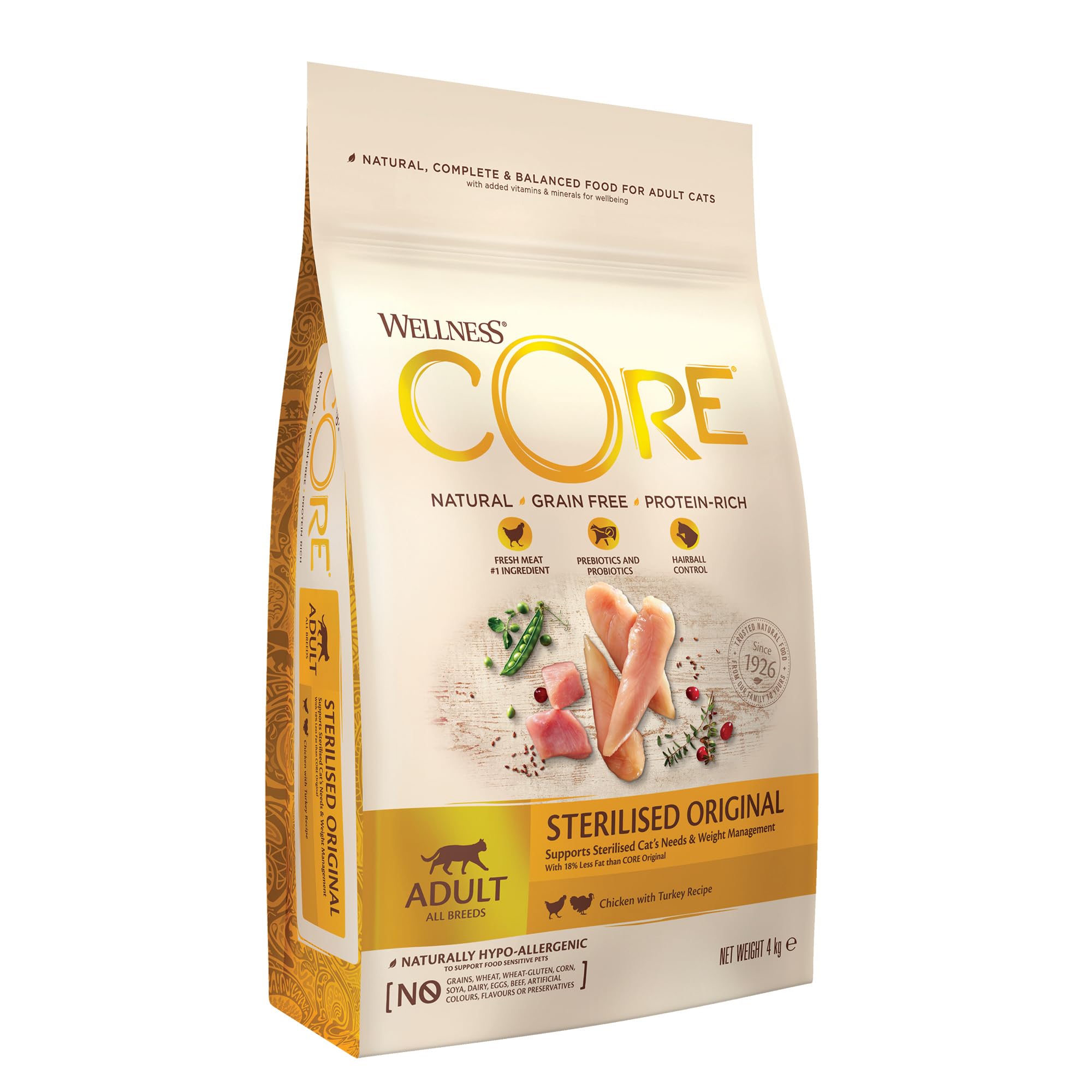 Wellness CORE Sterilised Original, kalkoen & kip, 4 kg, droog kattenvoer voor gesteriliseerde katten, geen toegevoegde suikers, graanvrij, met hoog vleesgehalte, voorkomt haarballen