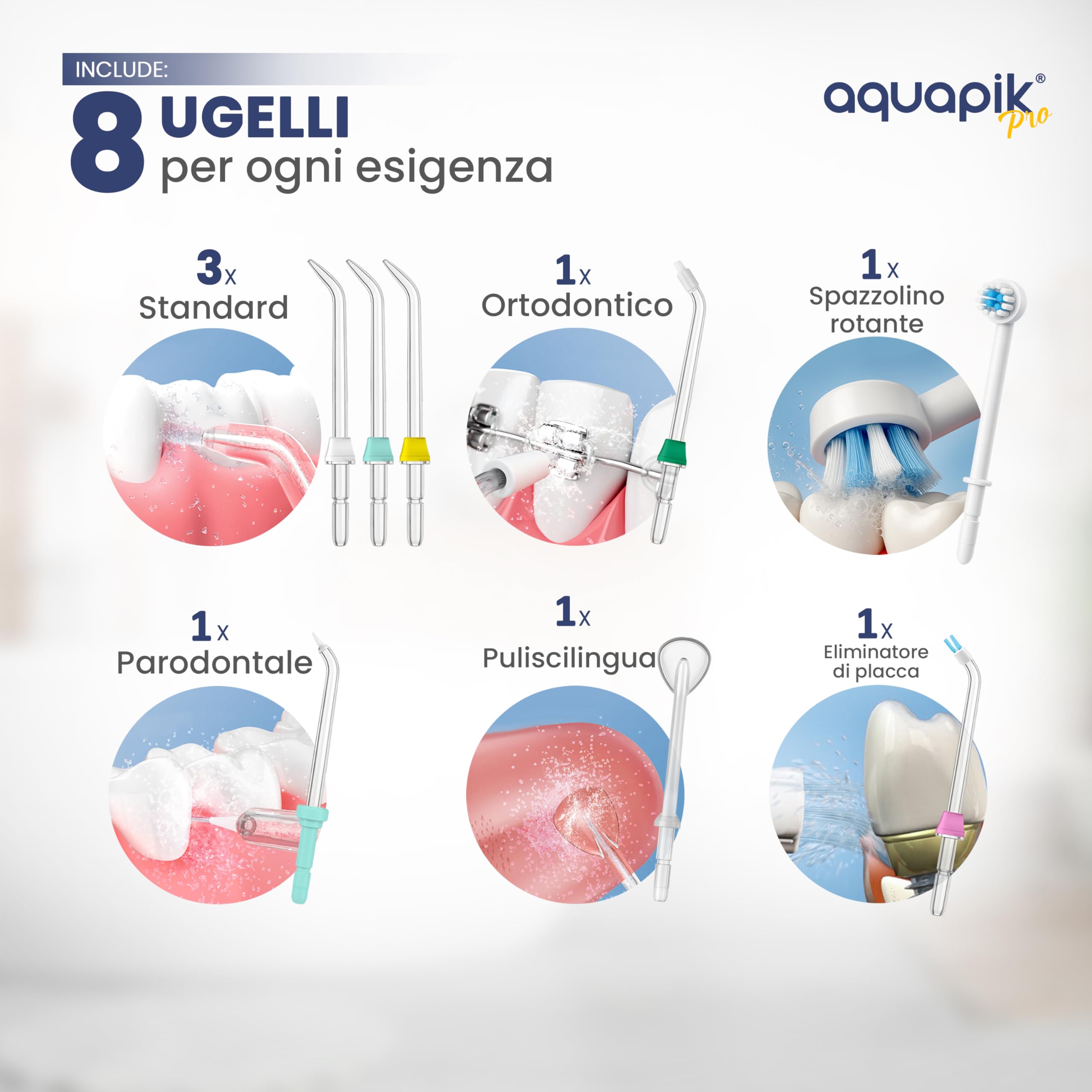 Aquapik PRO Idropulsore Dentale da Tavolo, Irrigatore Orale 600 ml con 8 Ugelli e 10 Livelli di Pressione, Ugello Rotante 360°, per Pulizia Interdentale, Apparecchi e Impianti, Bianco