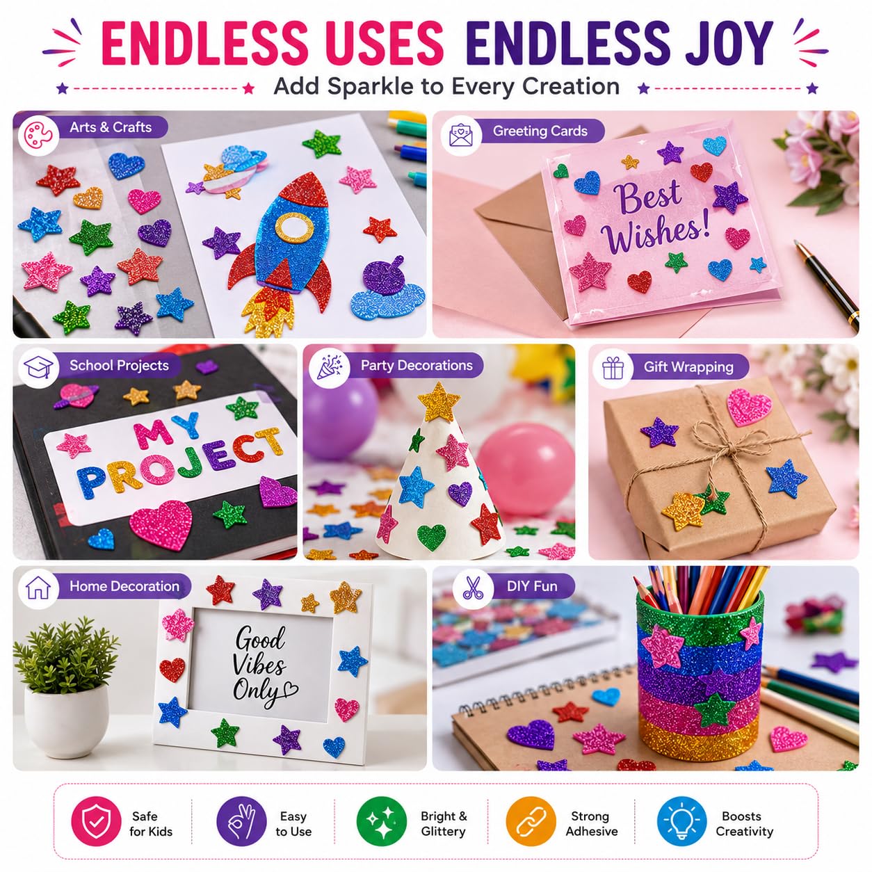 Kidivo Foam Glitter Stickers Self Adhesive, Mini Heart and Stars Shapes for Kid's Arts Craft Supplies Greeting Cards Home Decoration (120 Pieces) 1