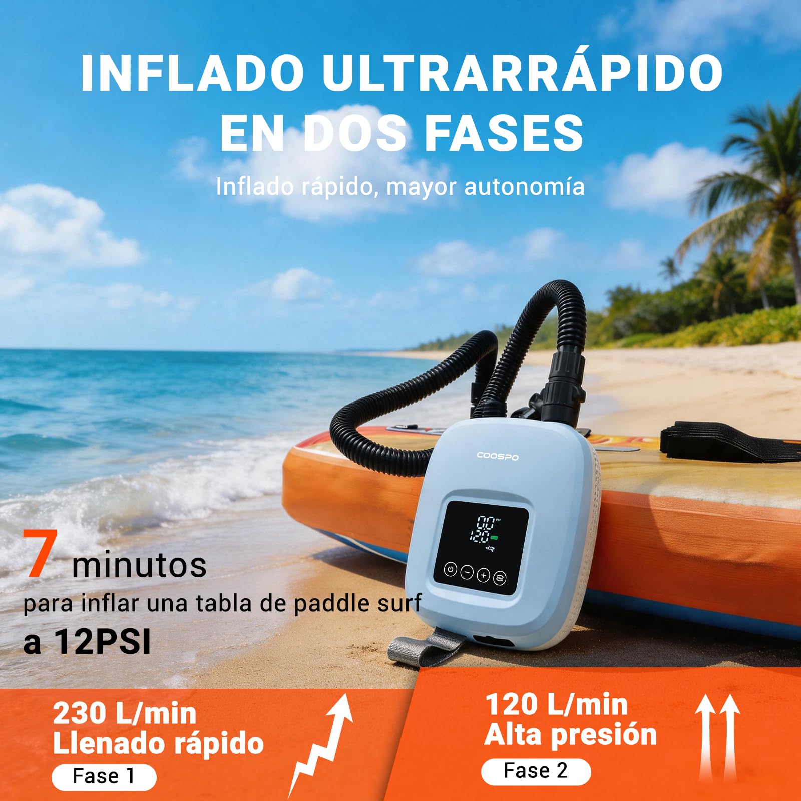 CooSpo Bomba de Aire portátil para Sup inflador eléctrico de Alta presión de 20 PSI batería Recargable de 52.9/44.4 WH Cargador para Coche de 12 V Apto para Kayaks y artículos hinchables