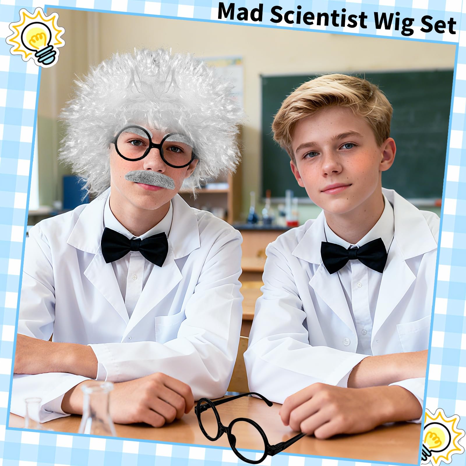 Set di 6 parrucche da scienziato pazzo, costume con retina per capelli, sopracciglia, baffi, occhiali per bambini e ragazzi, 100° giorno di scuola, accessori per cosplay del nonno