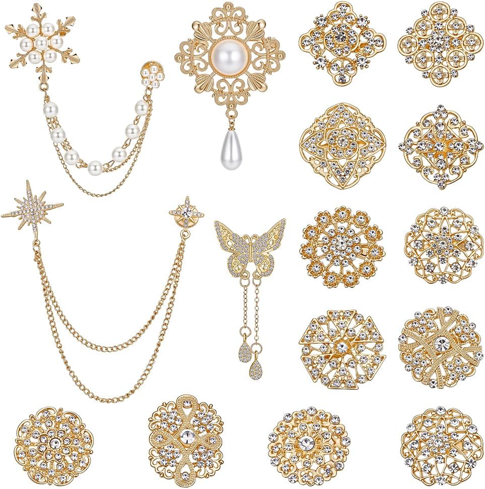 NBEADS 16 Pcs Gold Rhinestone Brooches Pin, Mixed Shapes Alloy Imitation Pearl Crystal Brooch Set Golden Decorative Pins for Wedding Bouquets DIY Crafts Party Clothes Jewelry Making