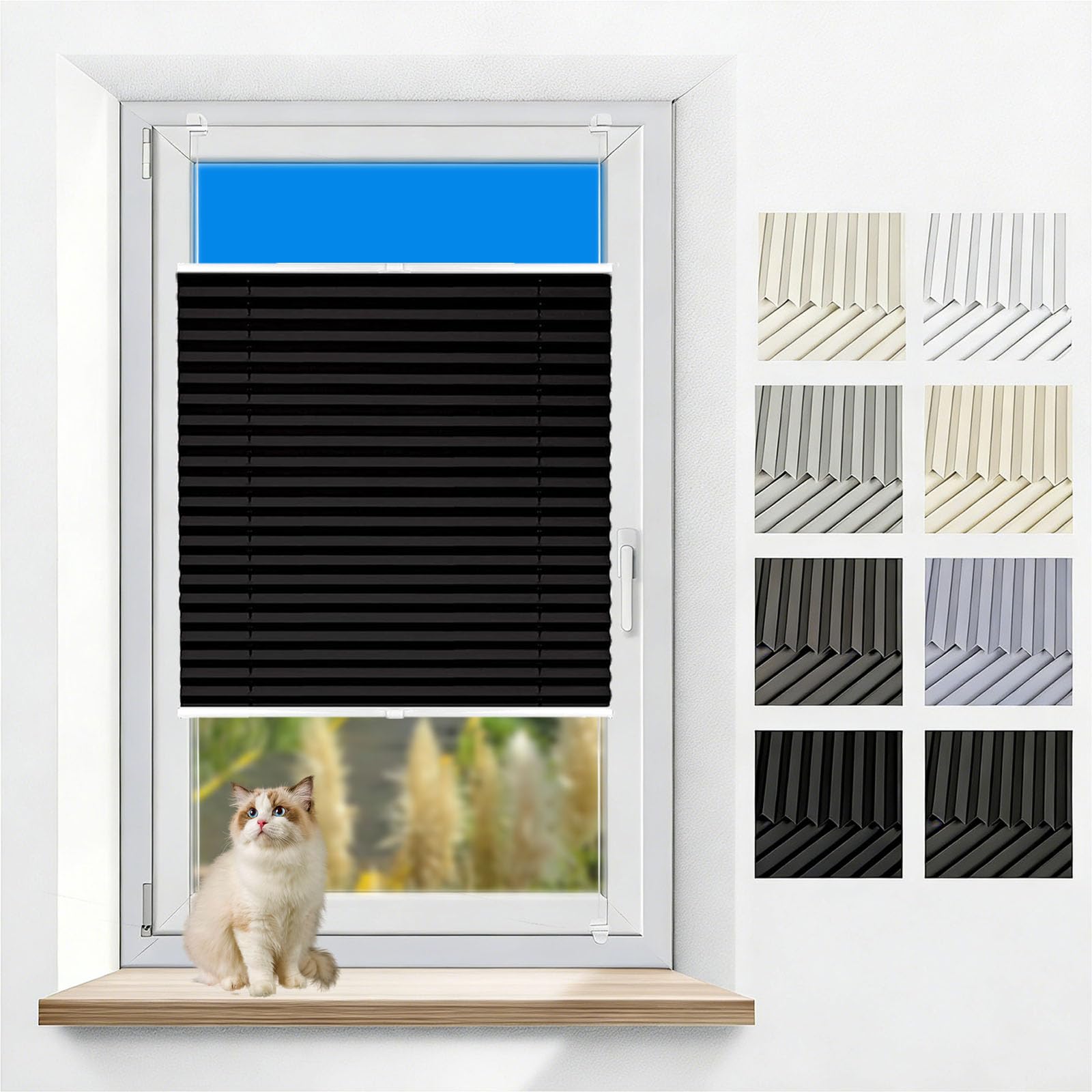 Store plissé sans perçage 115 x 210 cm noir semi-opaque pour fenêtre et porte
