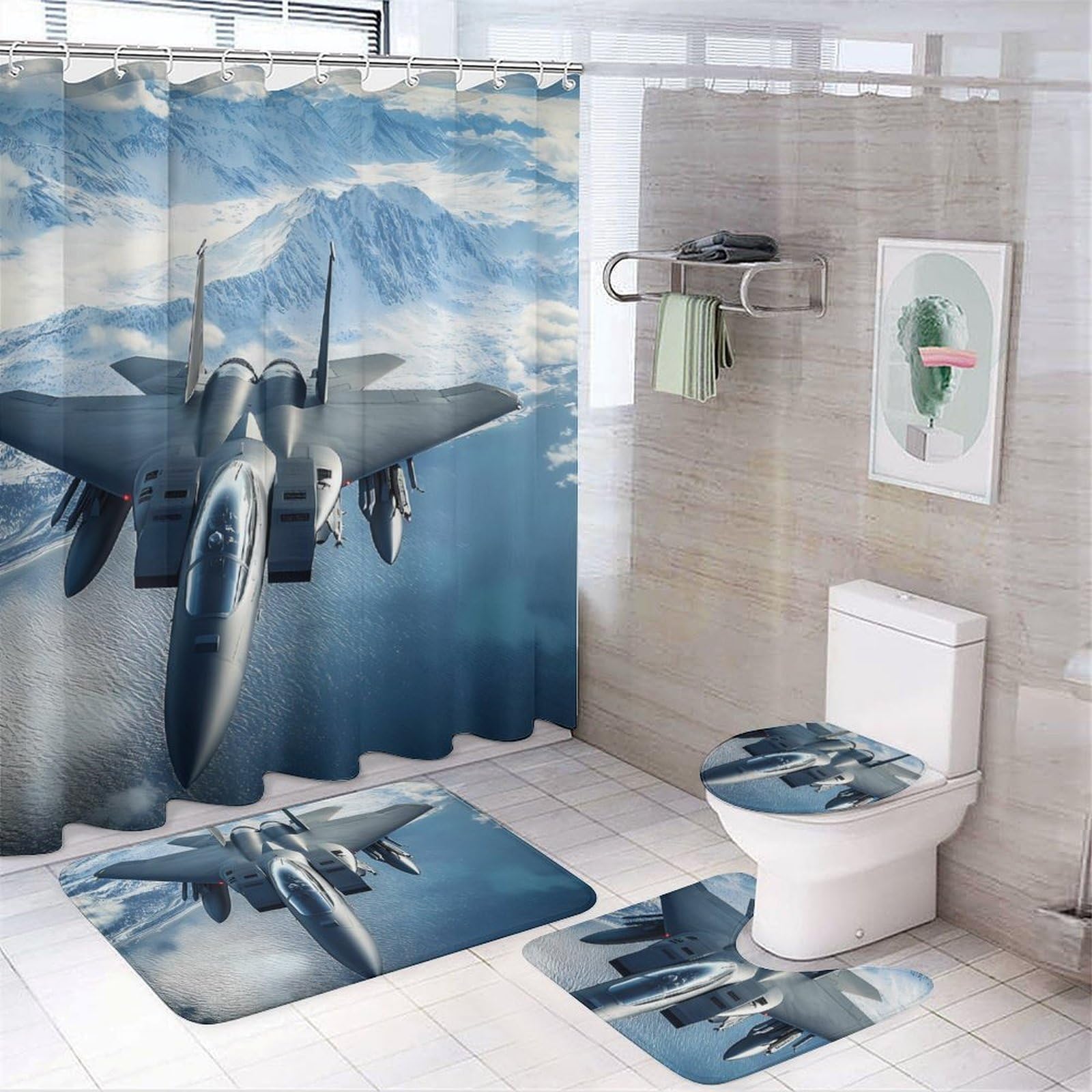 CGSBNGHA Aircraft Fighter Jet F-15 Ea-gles Flying Shower Curtain Set 4 Piece Bathroom Sets with Rugs Toilet Lid Cover And U-Shaped Floor Mat