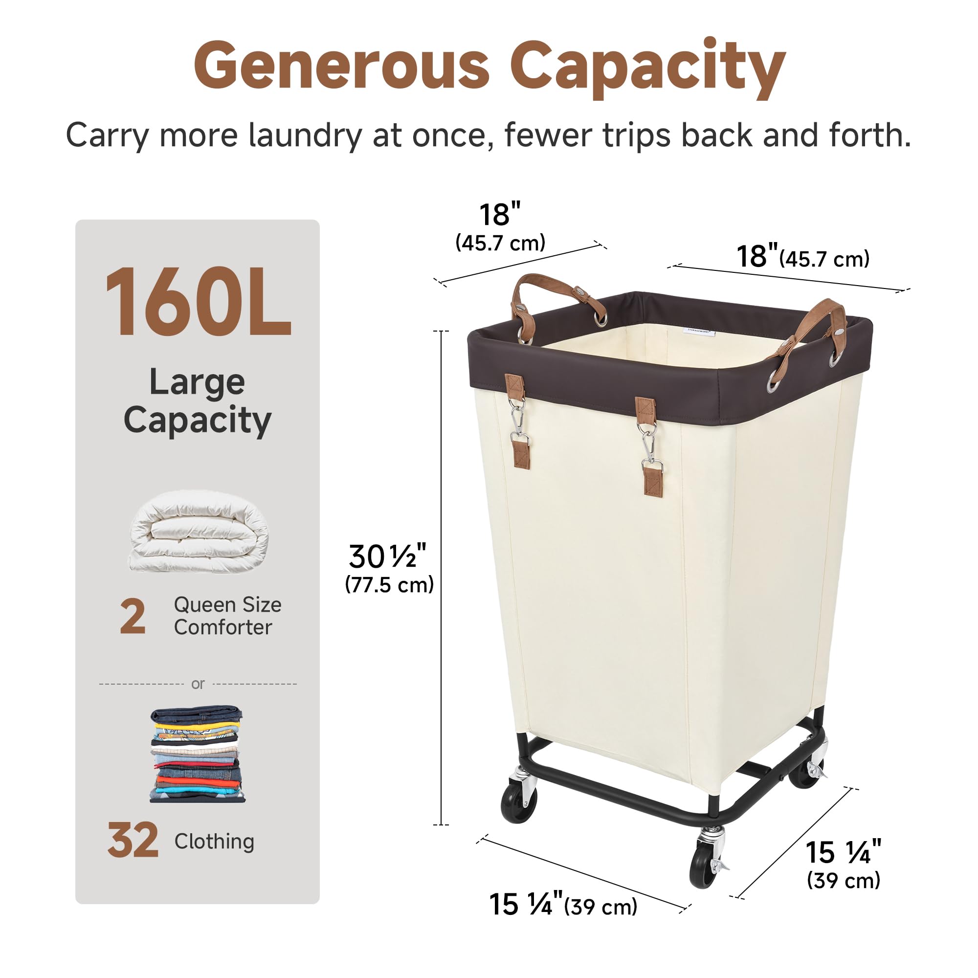 StorageWorks Panier à linge 160L avec roulettes, grand panier roulant pour organisation du linge, panier à linge sale pour hôtel, maison, placard, dortoir, beige blanc