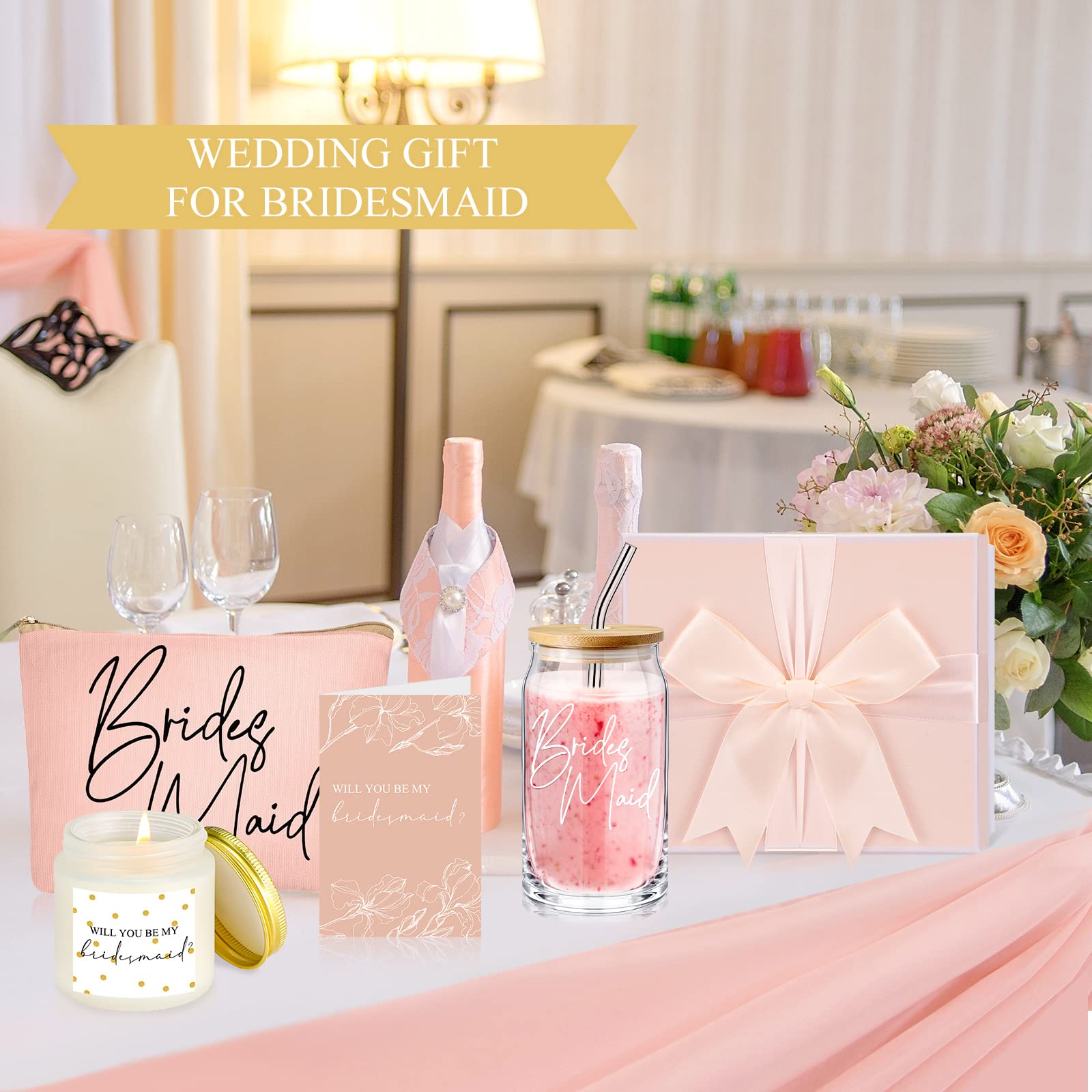 Inbagi Maid of Honor Gifts Box Set of 5 Includes Glass Cup with Lid and Straw Makeup Bag Sage Scented Candle Wedding Invitation Cards Proposal Gifts for Bridal Party Favors (Bridesmaid)