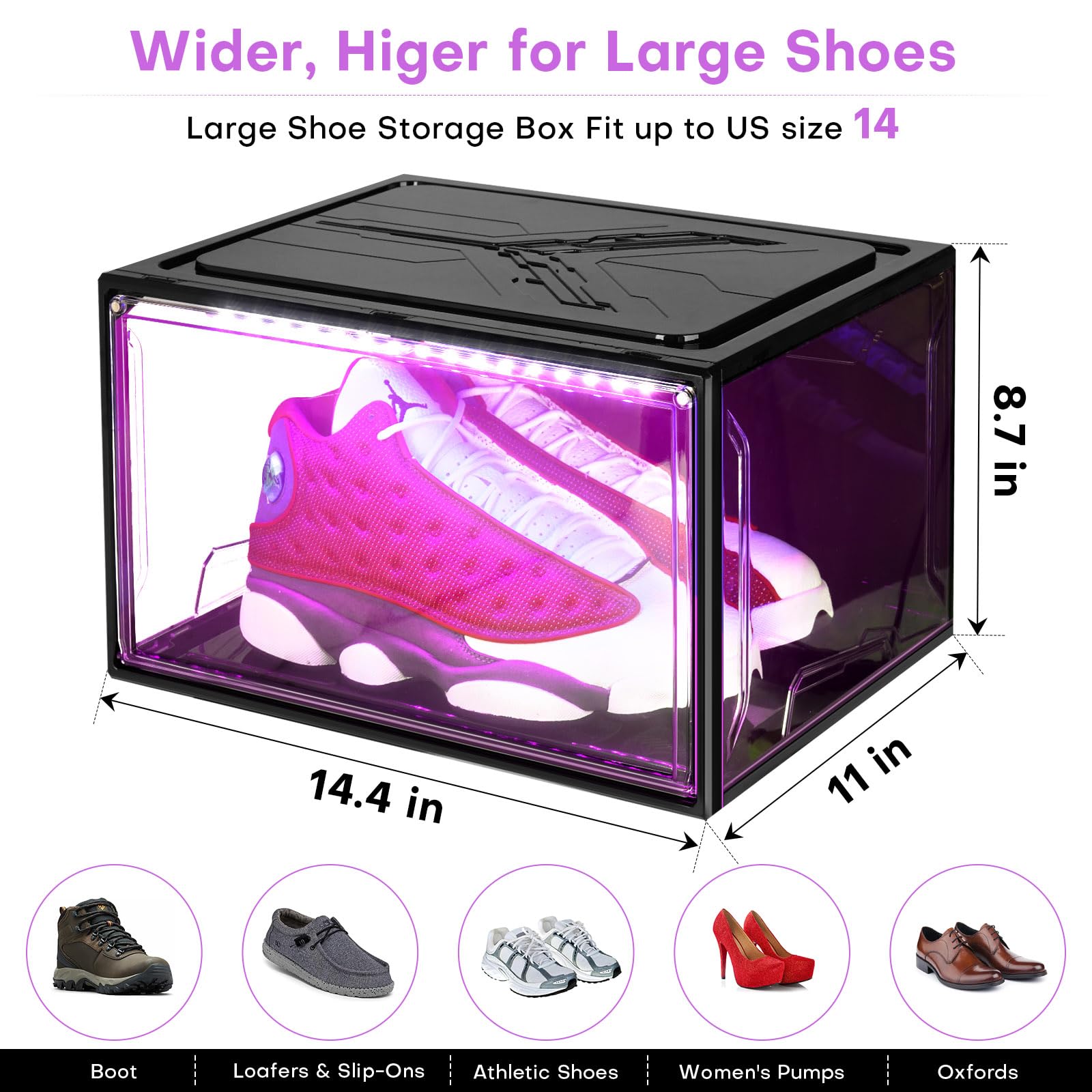 Oltraman Organizer per scarpe per armadio, scatole per scarpe pieghevoli, confezione da 2, contenitori impilabili in plastica trasparente, supporto magnetico per scarpe da ginnastica con luci a LED