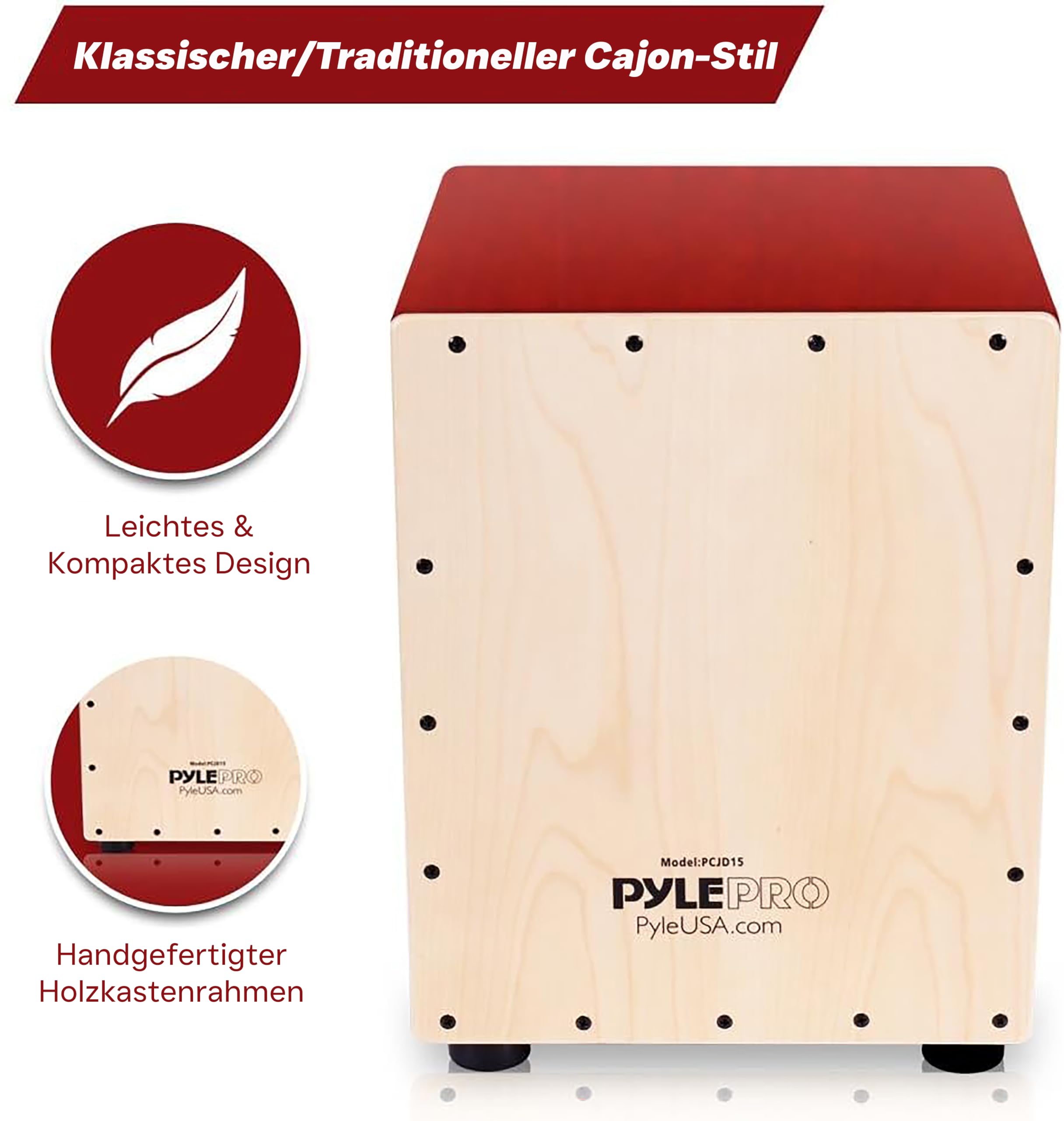 Pyle Cajon Instrument für Kinder & Erwachsene, Sitztrommel Instrumente handgemacht aus Holz (Birke), mit Snare, Trommel für Einsteiger & Profi, Schlagwerk mit abgerundeten Kanten, Rot