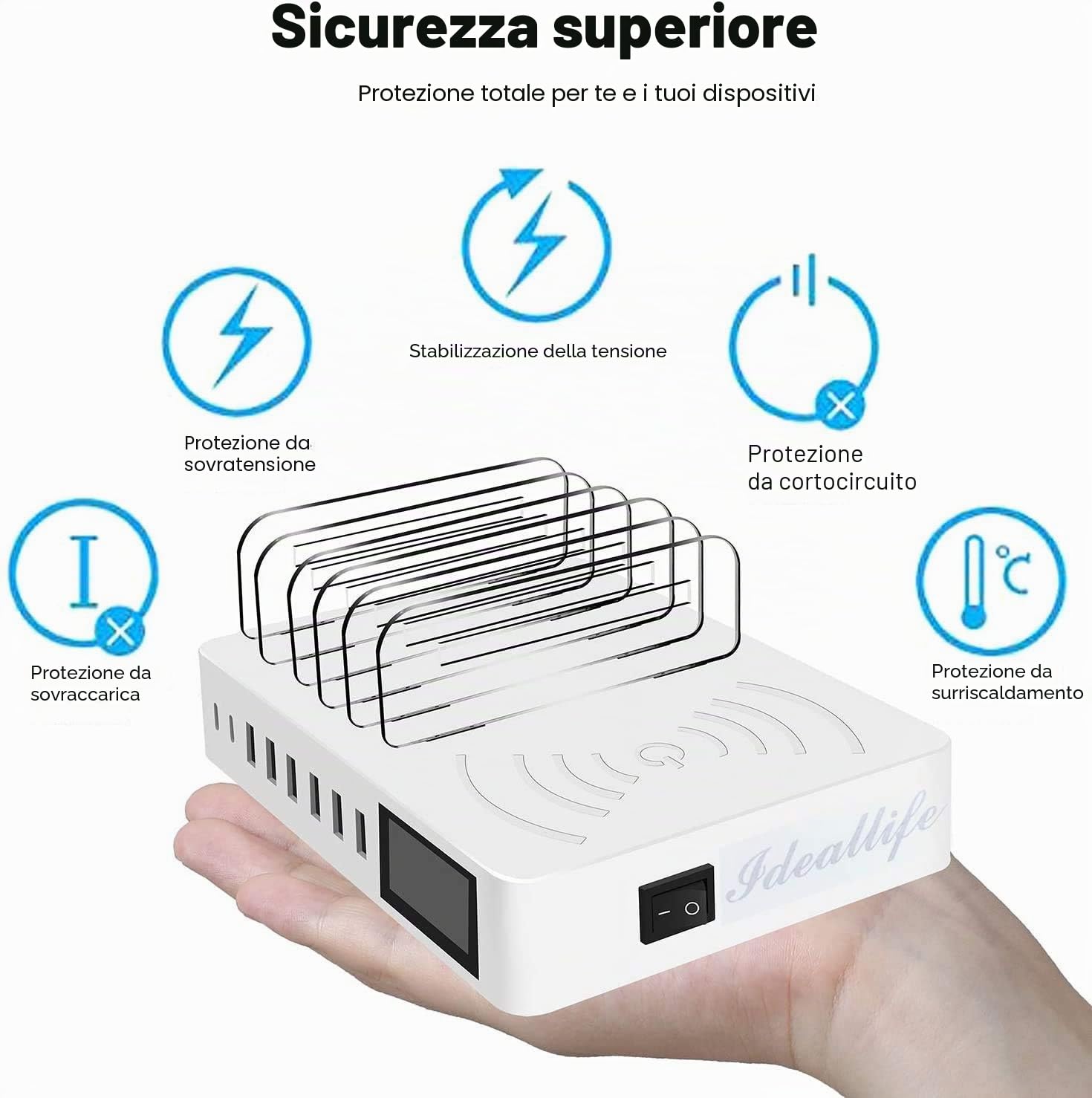 Stazione di ricarica per più dispositivi, Stazione di Ricarica USB a 8 Porte Caricatore USB, base ricarica wireless, compatibile con i Phone, i Pad, tablet