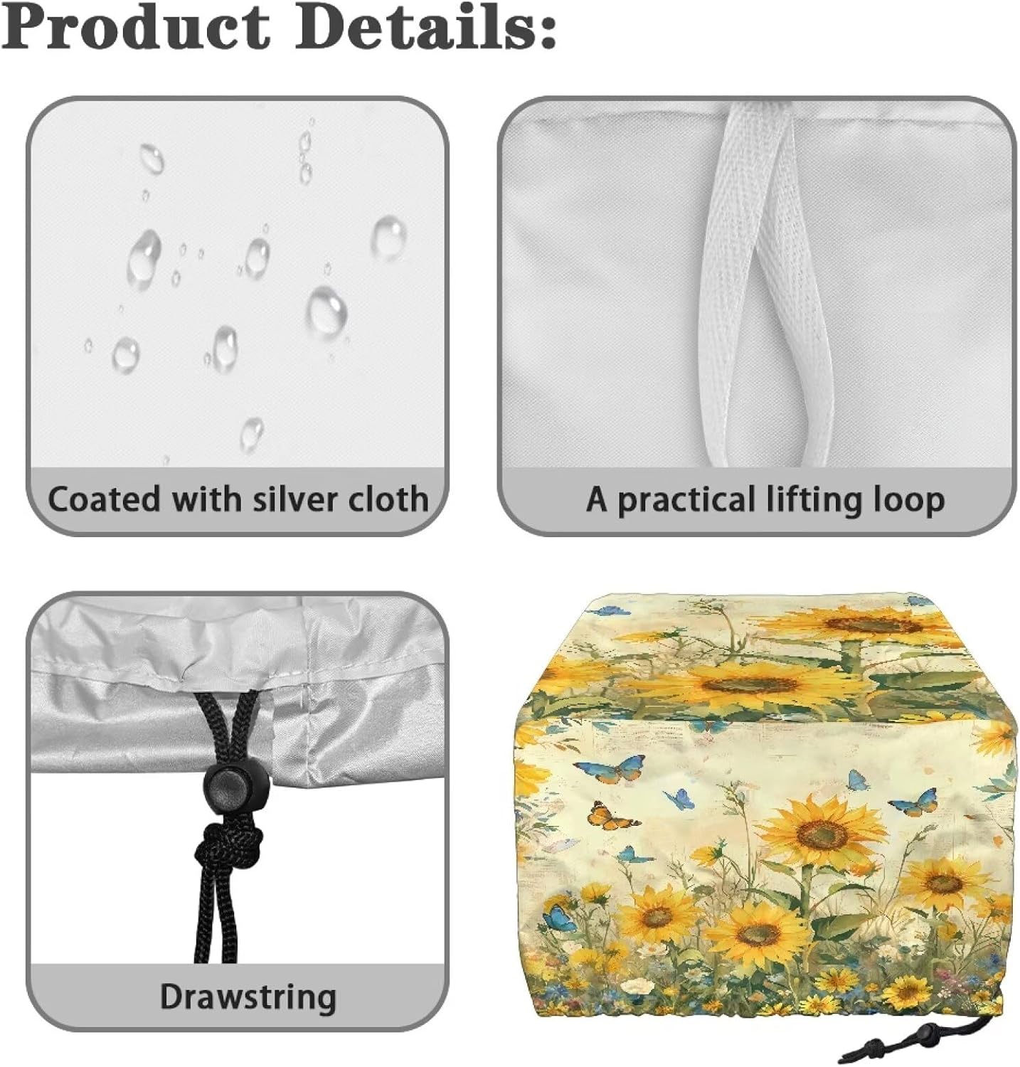 Sunflower Butterfly Toaster Cover No Base, 4 Slice Wide Slot, Waterproof Silver-Coated Polyester, Drawstring Closure, Compatible with Most Bread Makers, Toaster Oven Cover