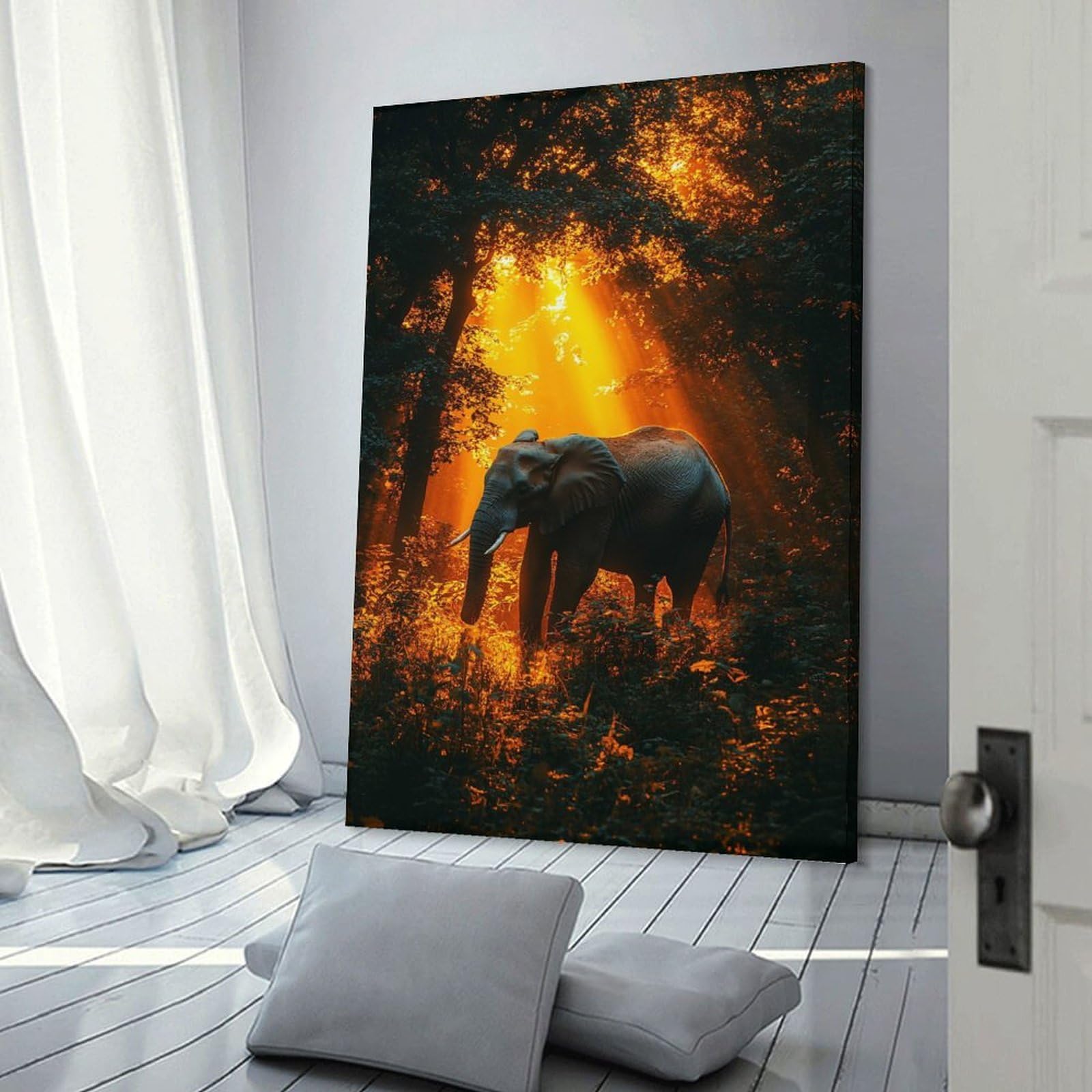 Junmoney Frame-Style-19 Elephant In Forest With Golden Light Hanging Wall Art, 20X30inch(50X75cm), For Entrance Walls, Hall Decor Or Foyers, Wall Decor To Refresh Empty Corners