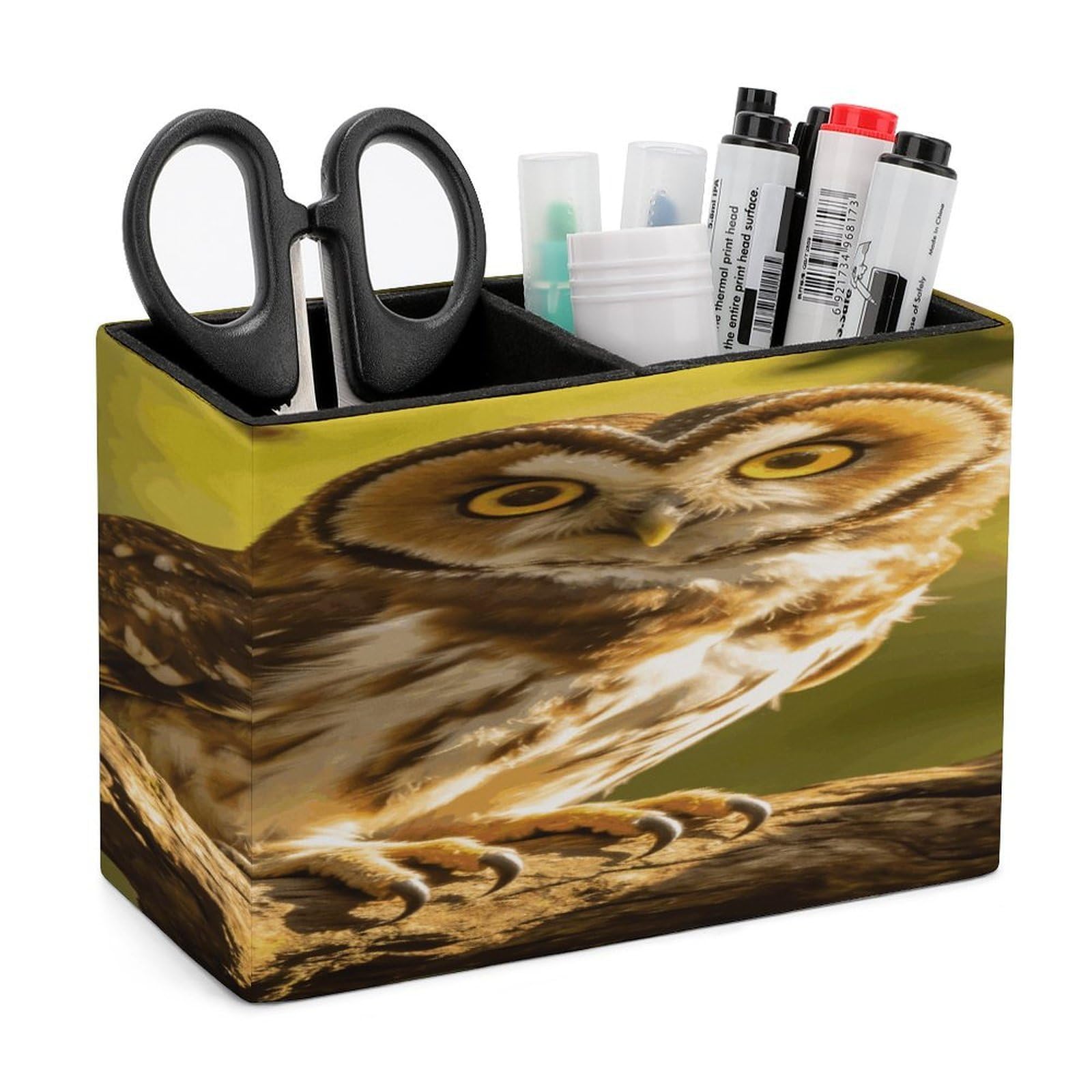 LZQPOEAS Owl Pen Holder Double Compartments Pen Cup Makeup Brush Holders Leather Pencil Holder Locker Organizer for Work Locker Accessories Modern Pencil Cup for Desk