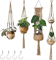 Mkono Macrame Plant Hangers Set of 4 - Boho Hanging Planters with Hooks, Indoor Outdoor Wall Decor Holders, Brown Gift Box