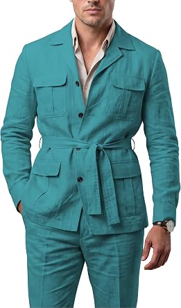 Mens Linen Safari 2 Piece Belted Suits Lightweight Blazer Pants Set