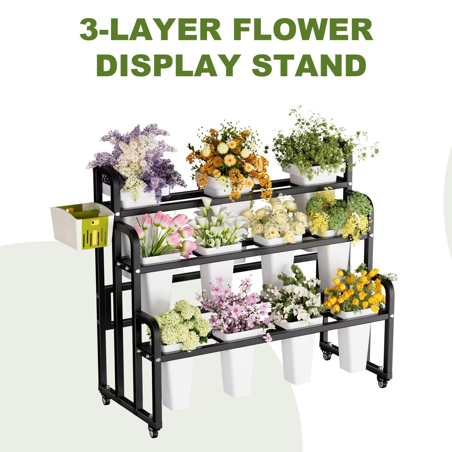 Supporto per piante a 3 ripiani, in metallo, con 11 secchi, espositore per fiori su ruote, per interni ed esterni, perfetto per patio, giardino, negozio