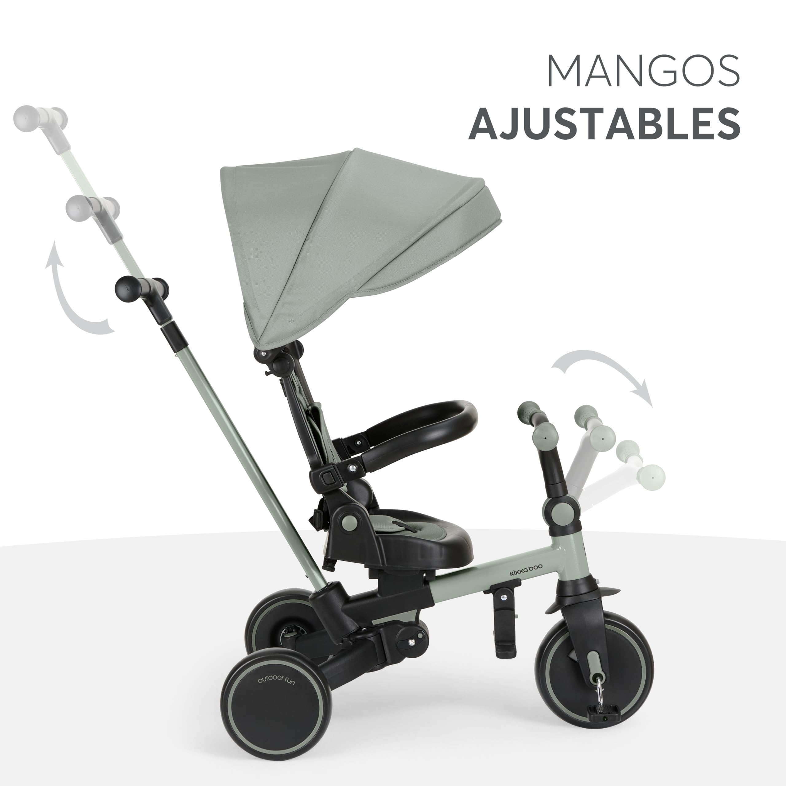 KikkaBoo Triciclo Evolutivo ALUMA 8 en 1, Triciclo Bebé Plegable con Manillar Padres, Asiento Reversible, Capota Ajustable, Arnés 5 Puntos, Marco Aluminio, Verde