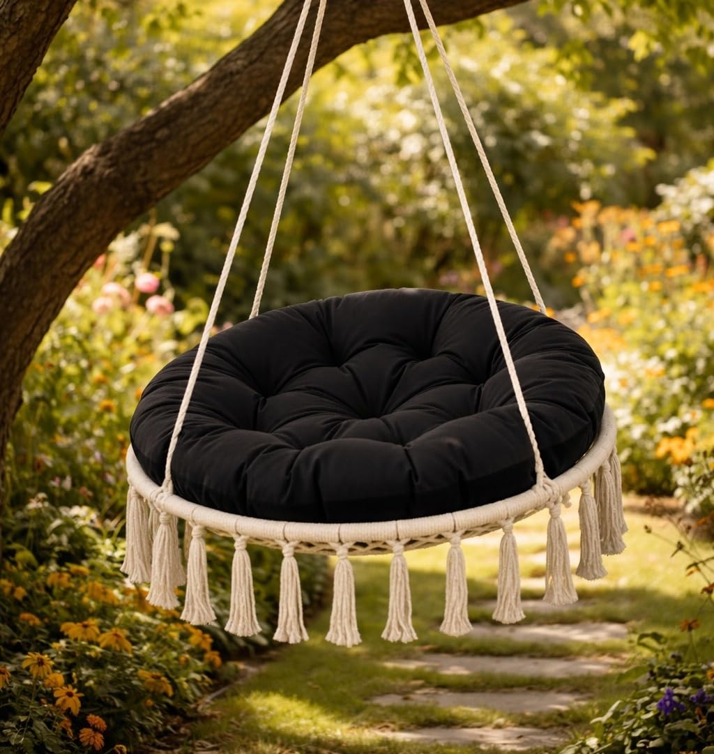 FLLOW Papasansessel Kissen Sitzkissen Hängesessel 130cm - Polster für Korbsessel Papasan Chair Lesesessel und Rattansessel für Outdoor und Indoor rund und groß, UV - beständig wasserdicht, Schwarz