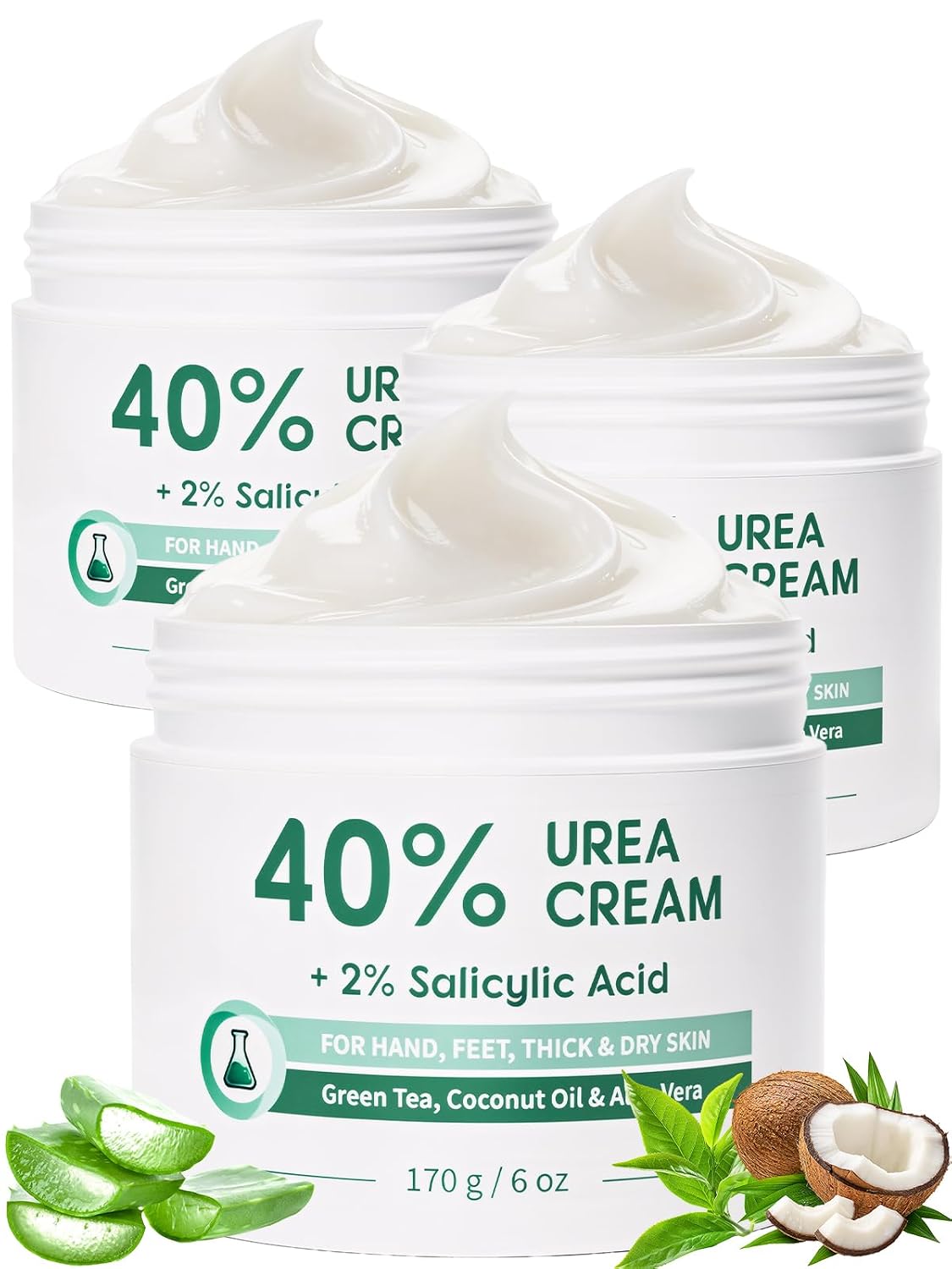 40% Urea Cream for Feet Maximum Strength, Foot Cream for Dry Cracked Heels, Callus Remover with 2% Salicylic Acid, Moisturizer for Hands Elbows Knees Rough Skin, 3 Packs