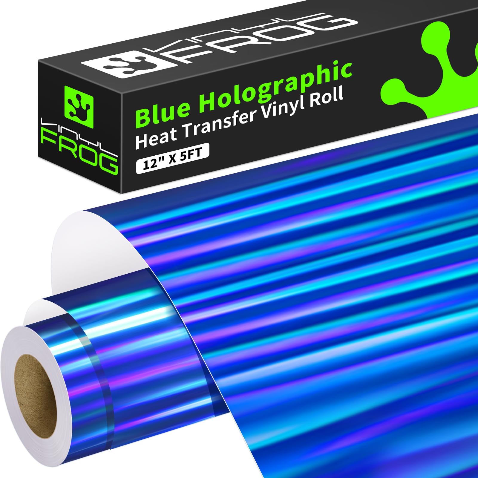 VINYL FROG Blue Holographic Heat Transfer Vinyl 12" x5ft Blue Metallic HTV Vinyl Roll Rainbow Iron on Vinyl Easy to Cut & Weed DIY Heat Press Design for T-Shirts