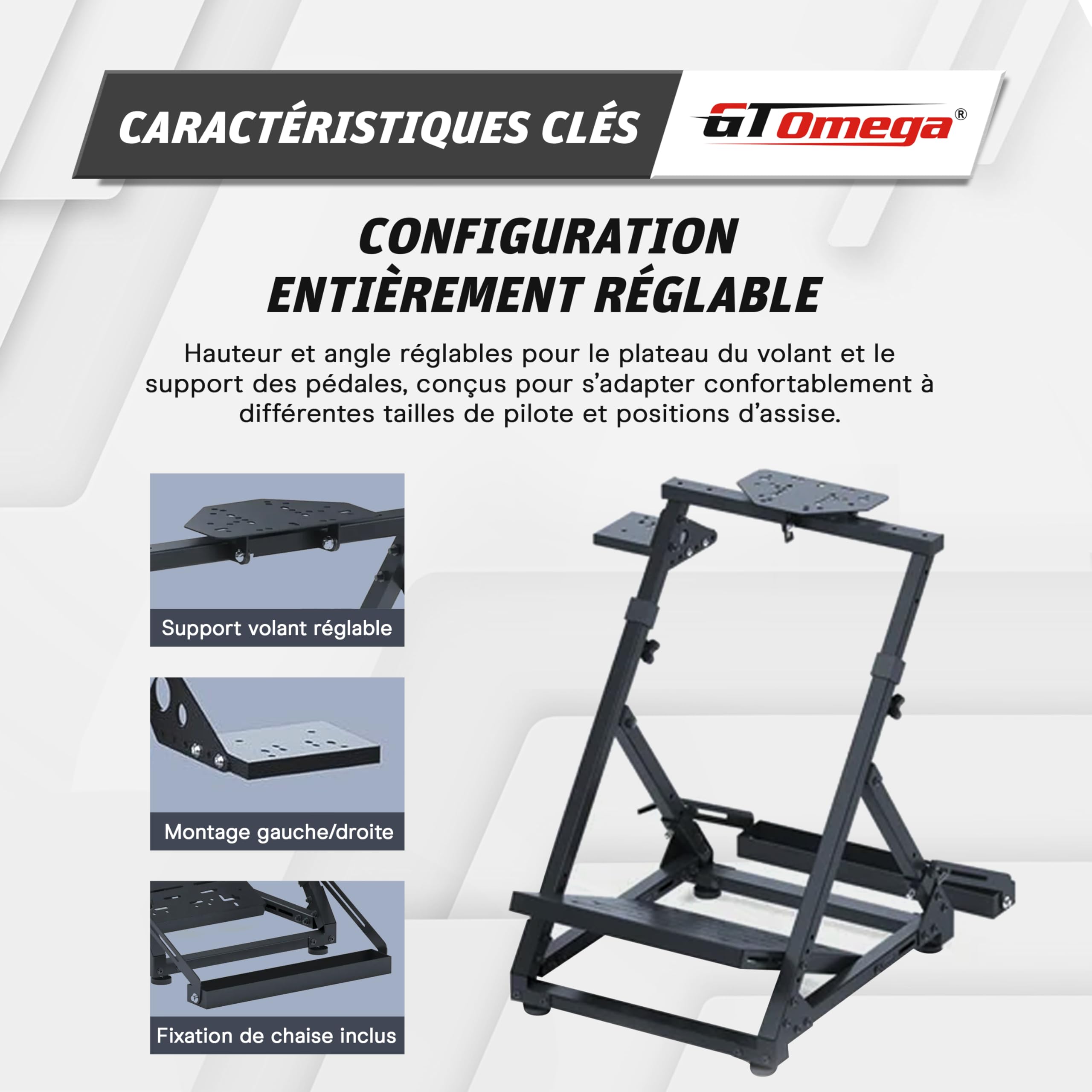 GT OMEGA DD-X Wheel Stand – Stabilité ultime pour ton setup, réglage angle & hauteur, support levier de vitesse réglable inclus