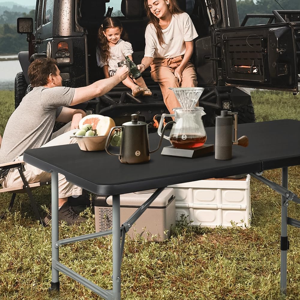 4ft Black Indoor Folding Plastic Card Table Portable Adjustable Foot Picnic Desk