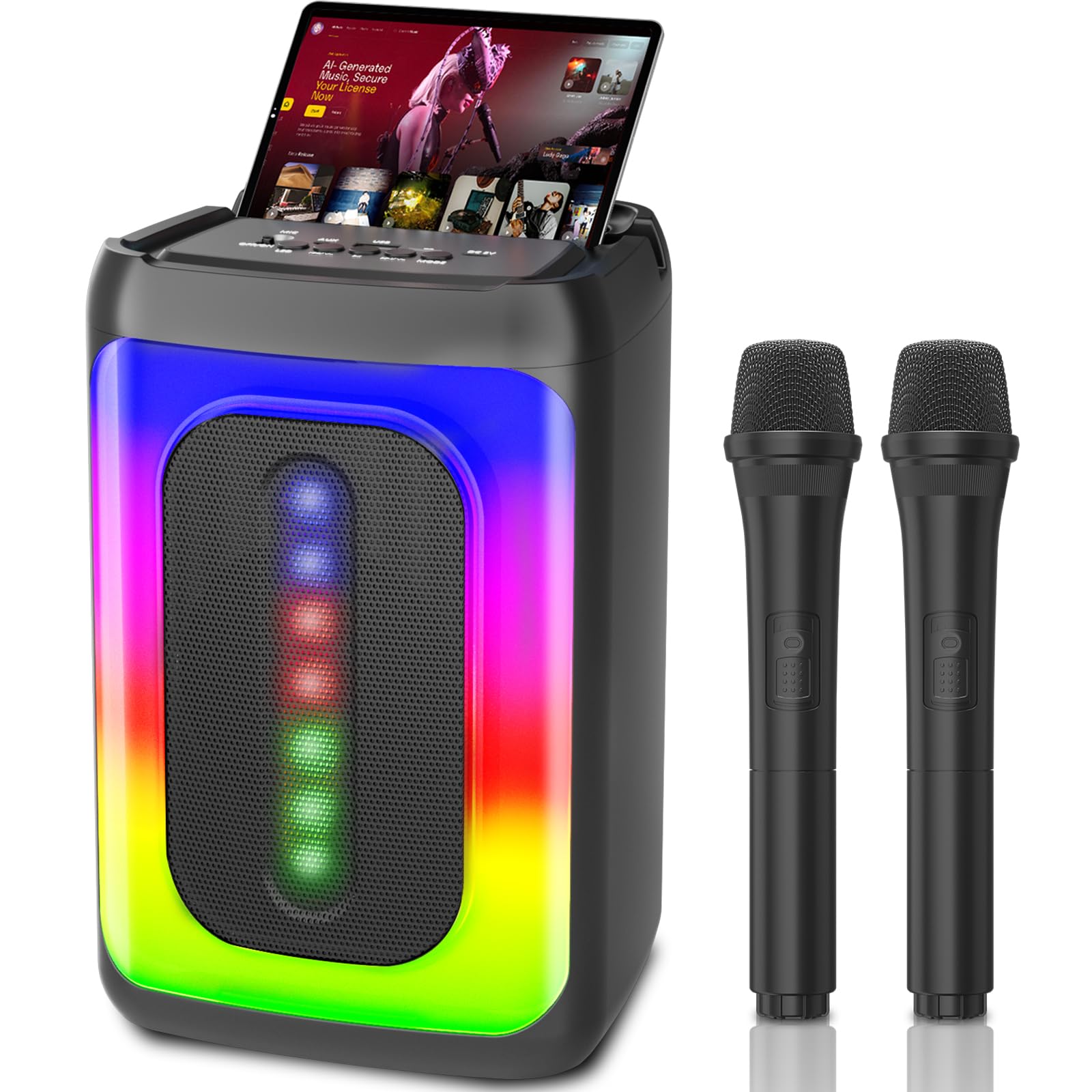 Ankuka Machine Karaoké avec 2 Microphones, Enceinte Bluetooth Portable avec Lumières LED TF/USB, FM, Aux, TWS pour Fête et Adultes, Cadeau pour Amis et Famille (Noir)