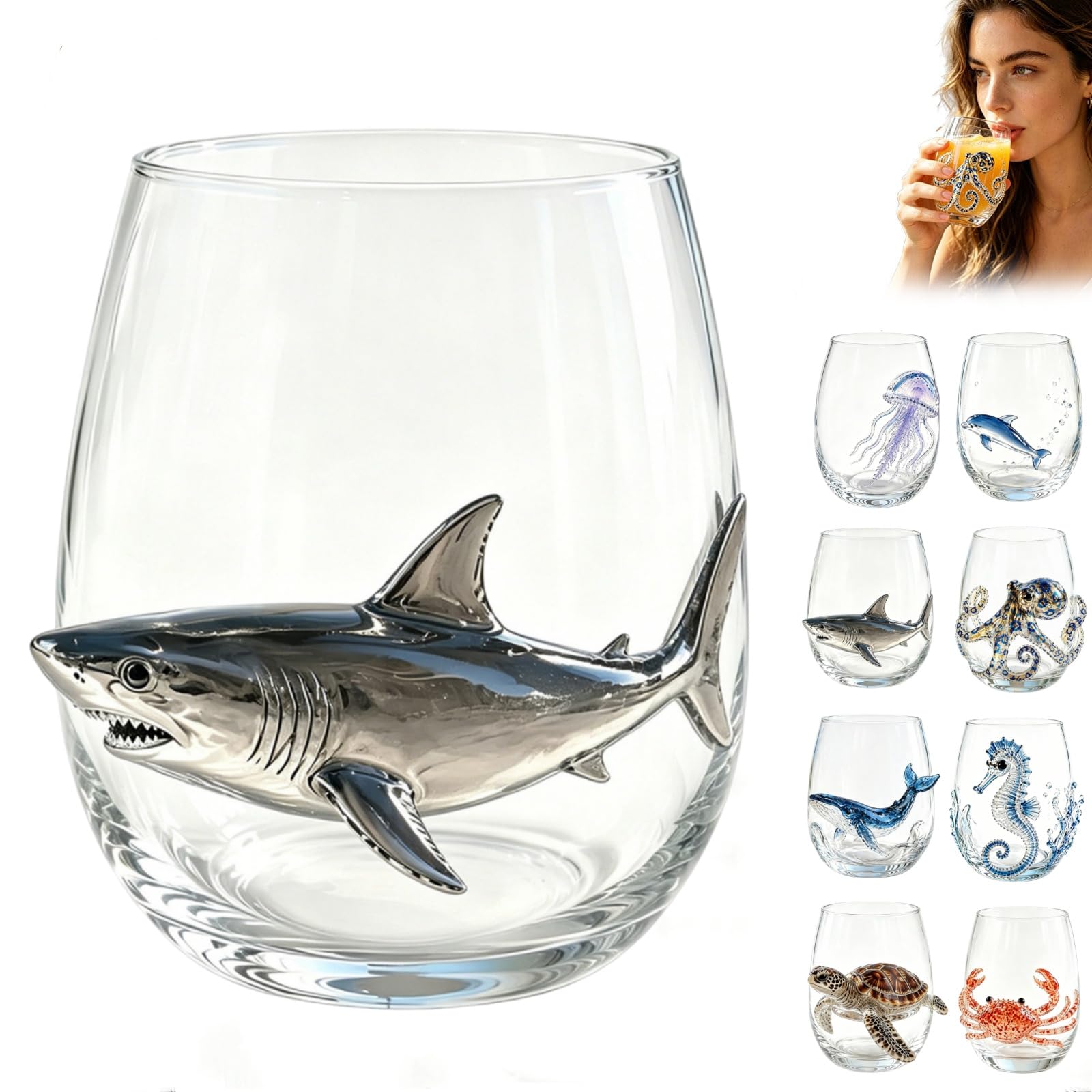 Artisanal Blue Ringed Octopus Glassware, 3D Unique Octopus Stemless Wine Glass, Handmade Ocean Animals Drinking Glasses, Coastal Home Bar Decor Gift for Ocean Lovers (3D-Shark