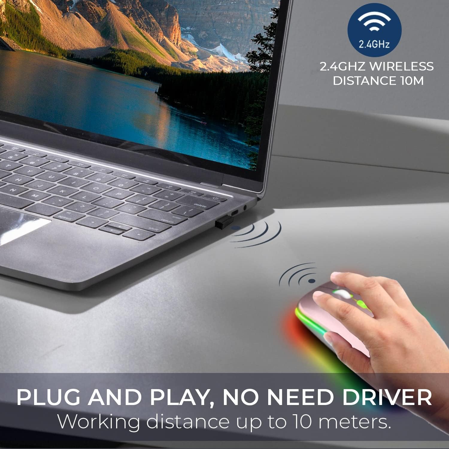 GLOBAL TECH Wireless Mouse, Rose Gold, 2.4GHz, USB Rechargeable, 3 Adjustable DPI Levels, LED Lights, Plug and Play