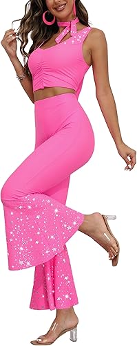 Traje rosa de los años 70 y 80 para mujer, disfraz de discoteca hippie de dos piezas, pantalón acampanado de vaquera para Halloween y cosplay