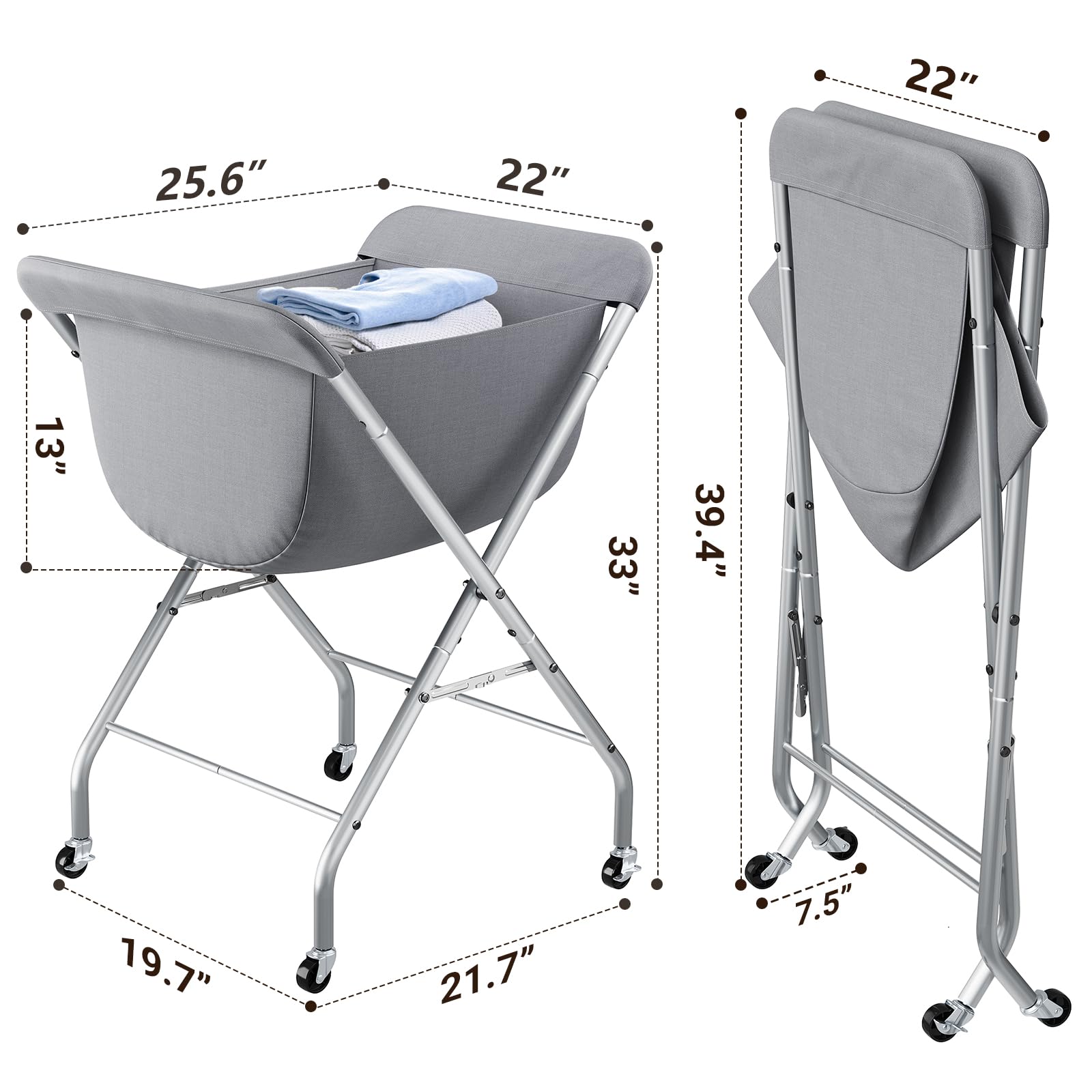 ELYKEN Carrito de lavandería con ruedas, cesta de lavandería fácil de enrollar de 33 pulgadas de alto con bolsa de forro extraíble, cesta de ropa con marco de metal resistente con 4 ruedas y 2 frenos