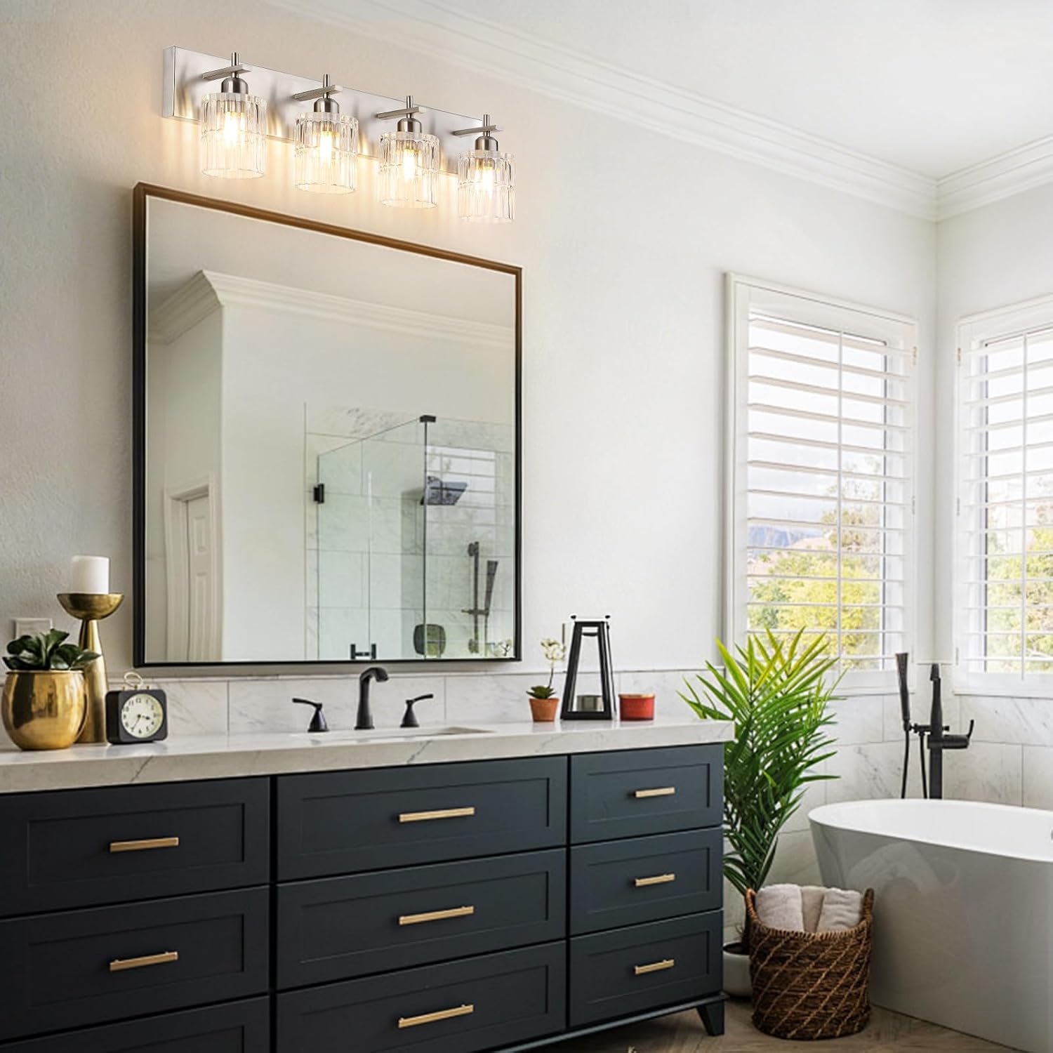 OCIOC 4-Light Nickel Bathroom Vanity Light Over Mirror, Brushed Nickel Bathroom Wall Lights with Glass Shades, Indoor Wall Mounted Lamp for Living Room Bedroom Hallway